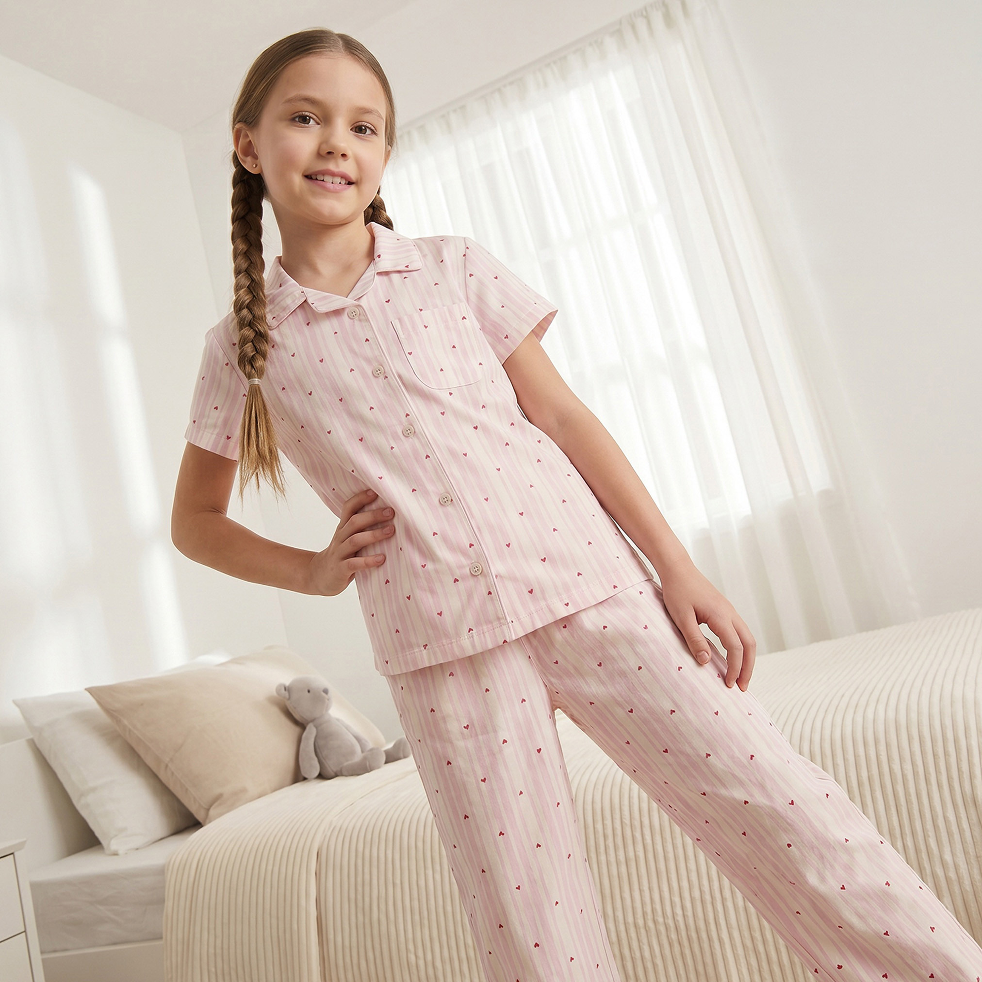 طقم بيجاما قطن بطبعات قلب وياقة عادية وأكمام قصيرة من جونيورز-girls-clothing-nightwear-image-8