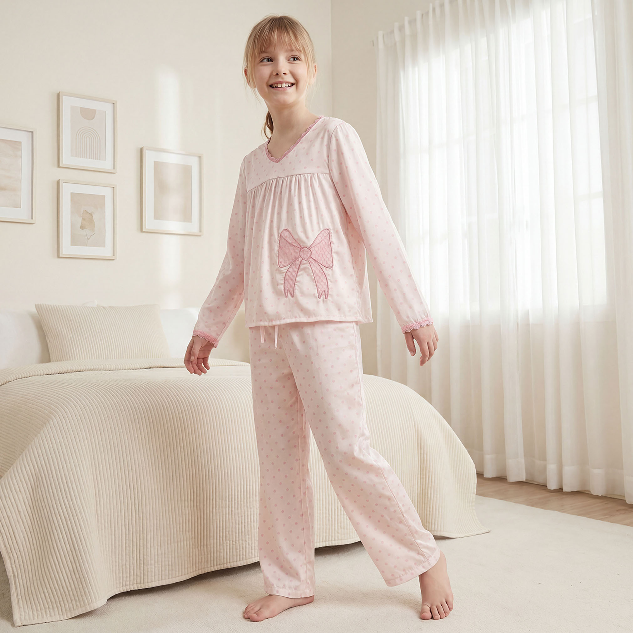 طقم بيجاما قطن بطبعات منقطة وأكمام طويلة وياقة V من جونيورز-girls-clothing-nightwear-image-1