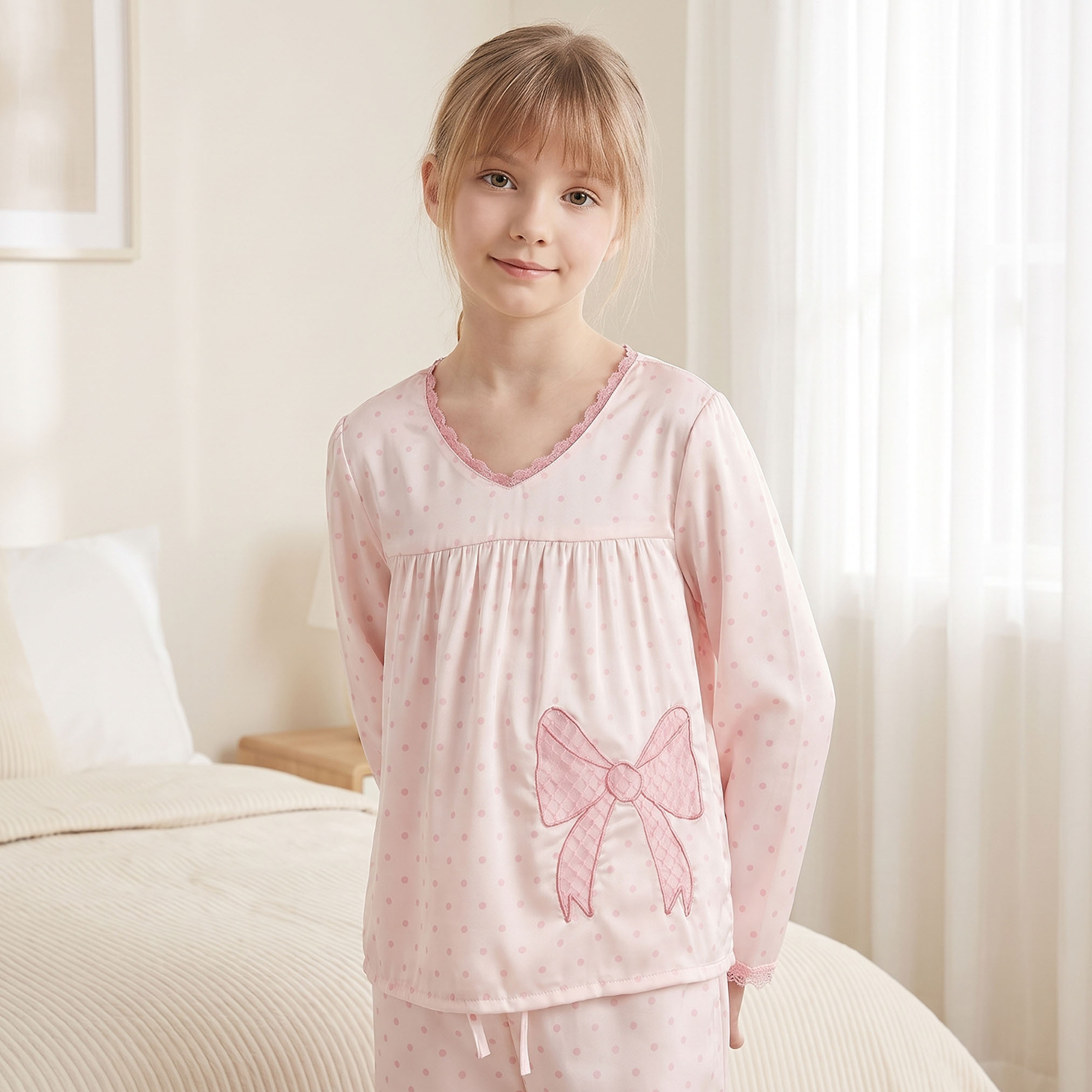طقم بيجاما قطن بطبعات منقطة وأكمام طويلة وياقة V من جونيورز-girls-clothing-nightwear-image-2