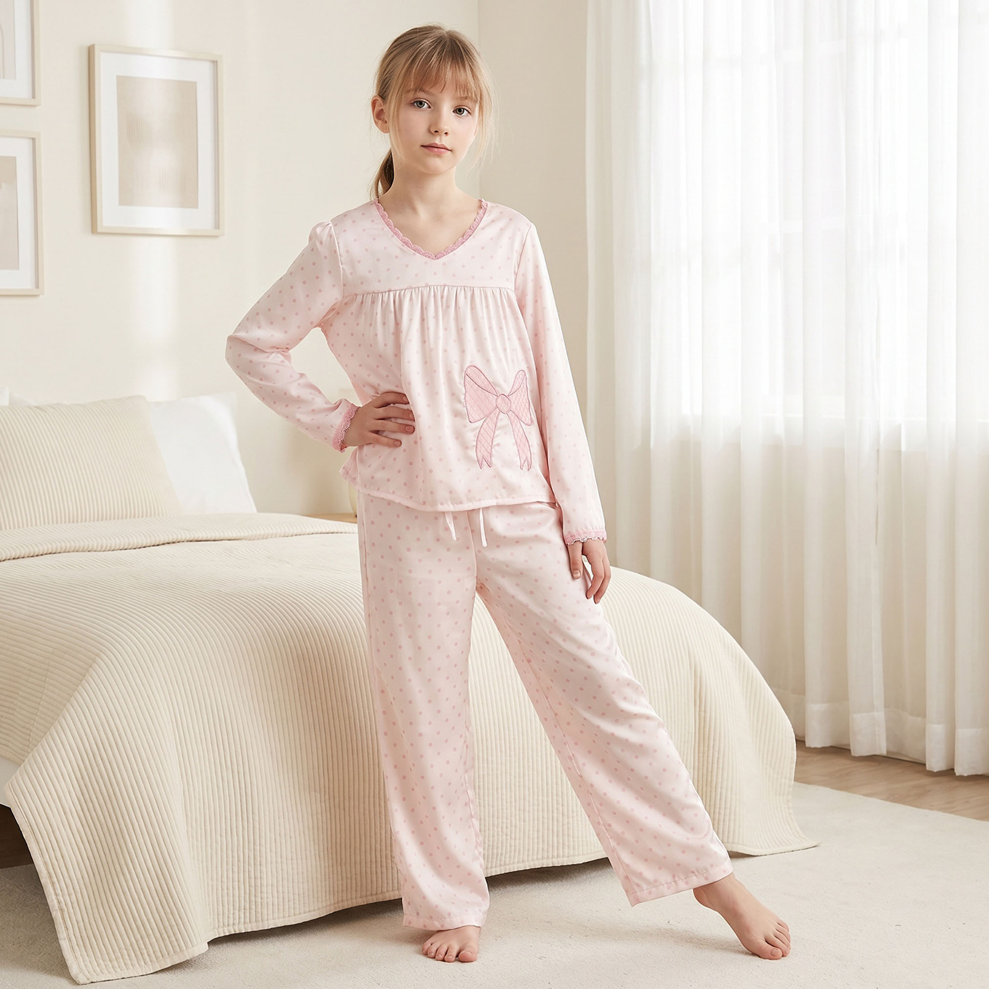 طقم بيجاما قطن بطبعات منقطة وأكمام طويلة وياقة V من جونيورز-girls-clothing-nightwear-image-7