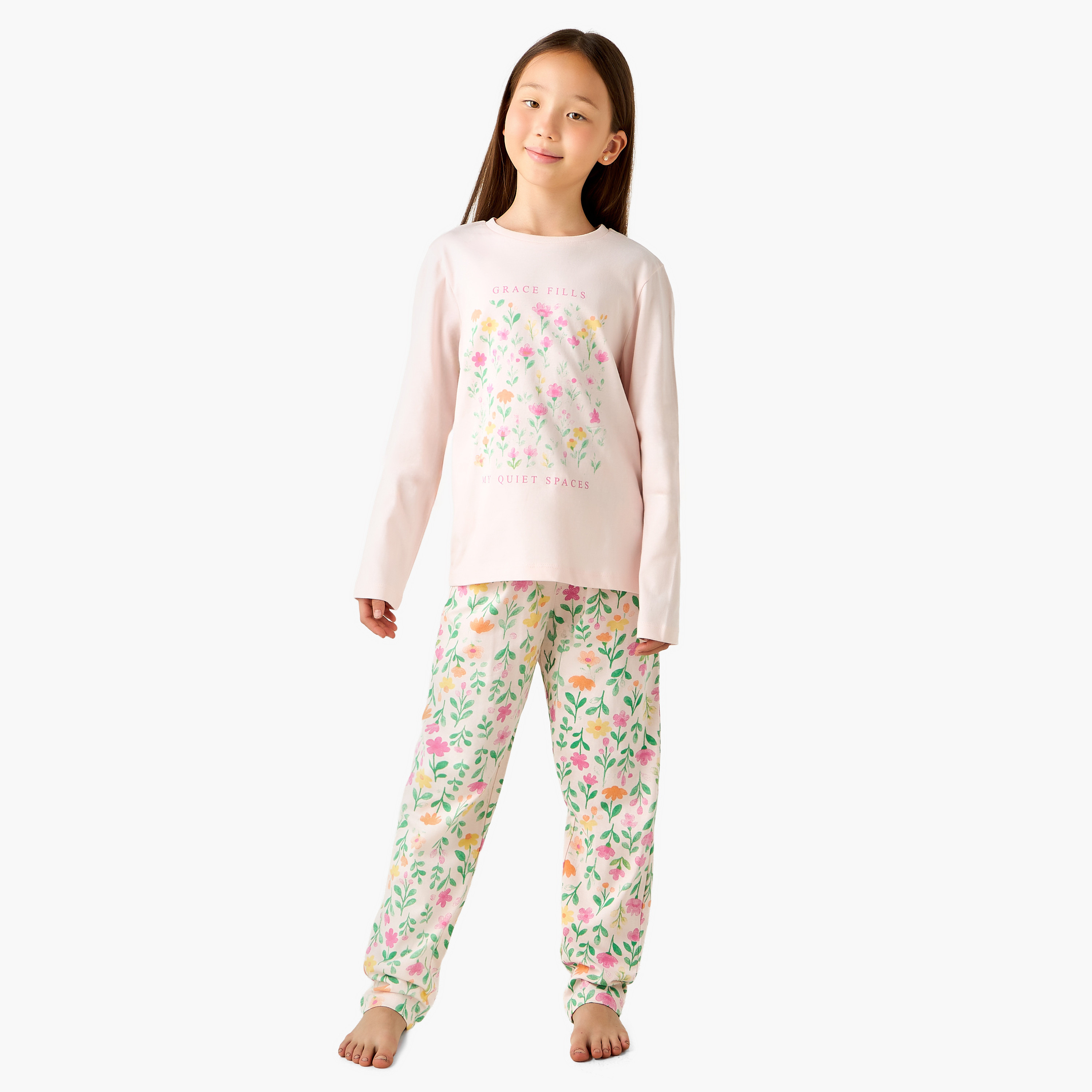 Juniors Cotton Round Neck Long Sleeve Pyjama Set with Floral Print-girls-clothing-nightwear-image-1