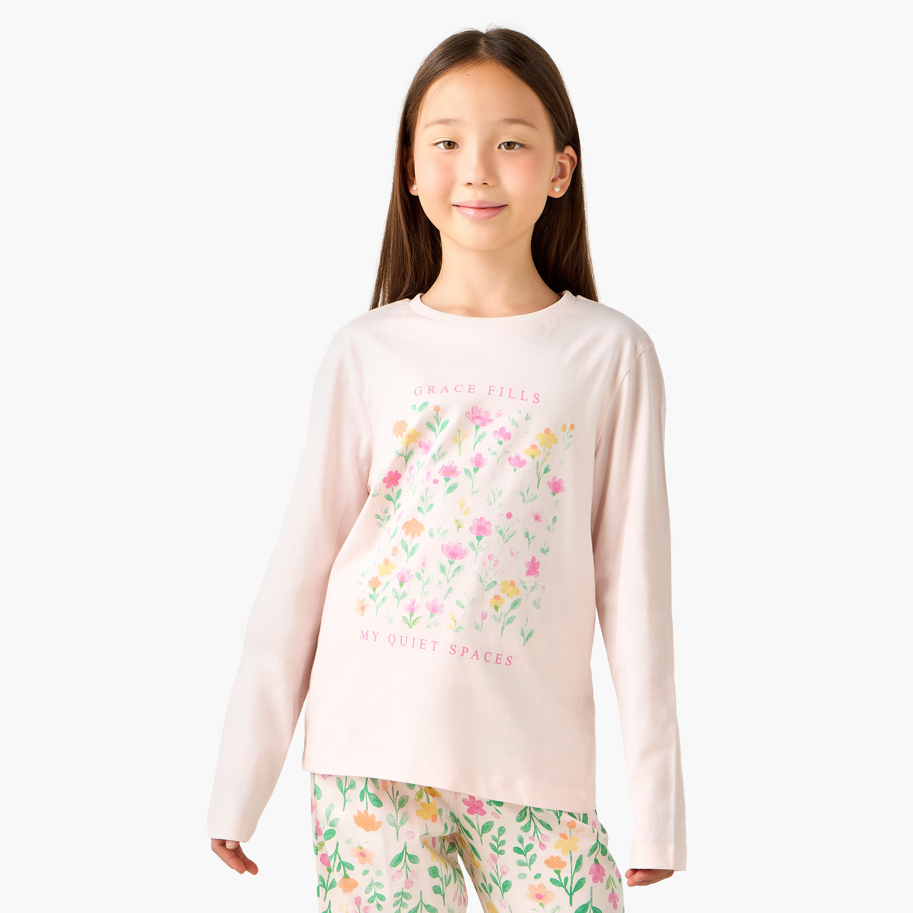 Juniors Cotton Round Neck Long Sleeve Pyjama Set with Floral Print-girls-clothing-nightwear-image-2