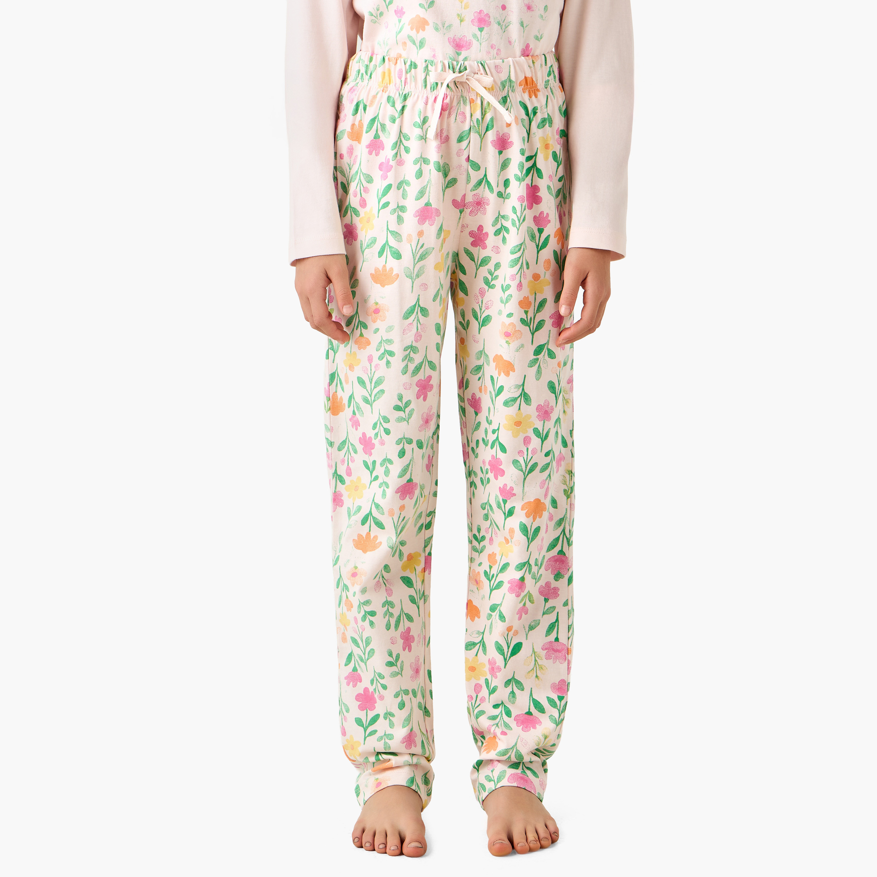 Juniors Cotton Round Neck Long Sleeve Pyjama Set with Floral Print-girls-clothing-nightwear-image-3