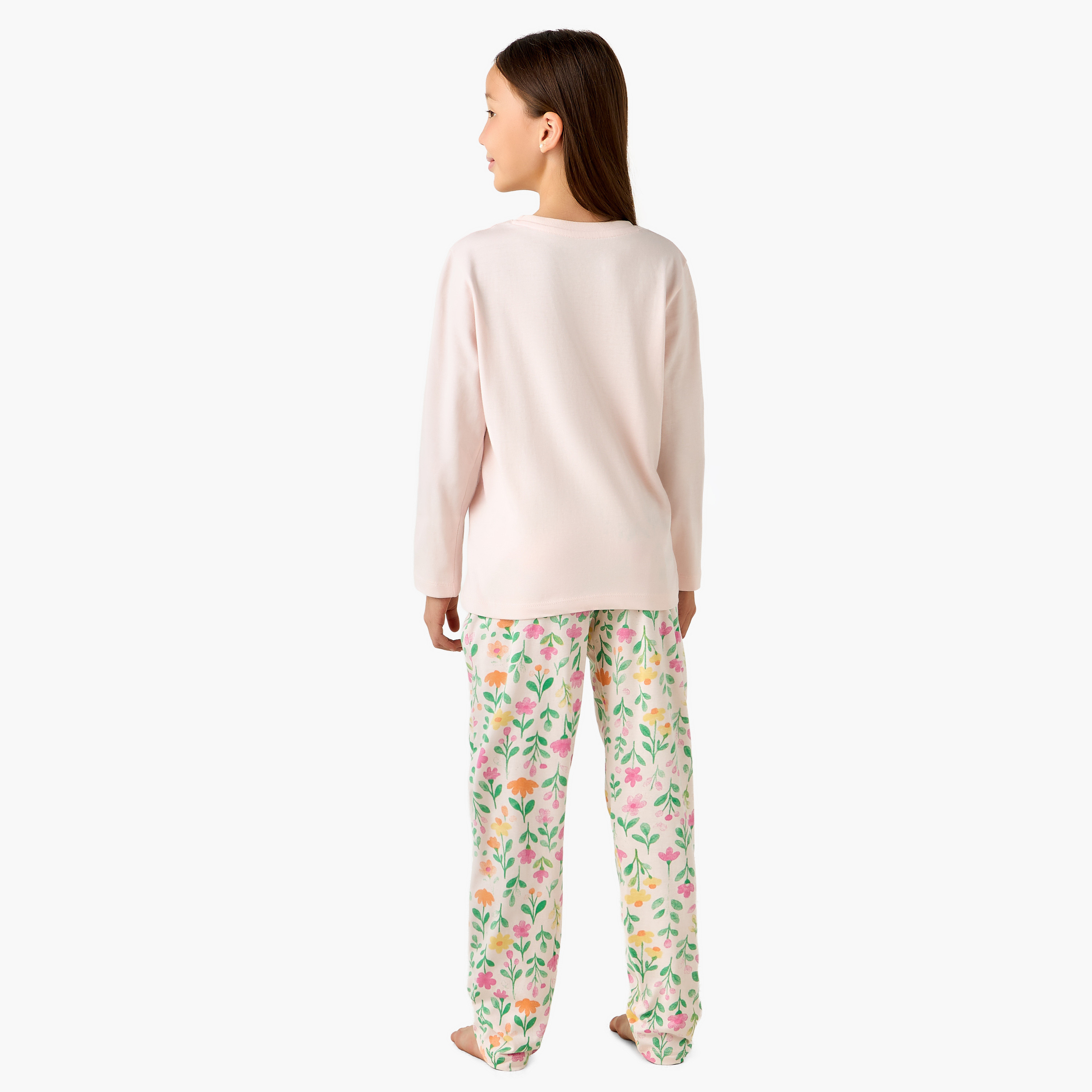 Juniors Cotton Round Neck Long Sleeve Pyjama Set with Floral Print-girls-clothing-nightwear-image-4