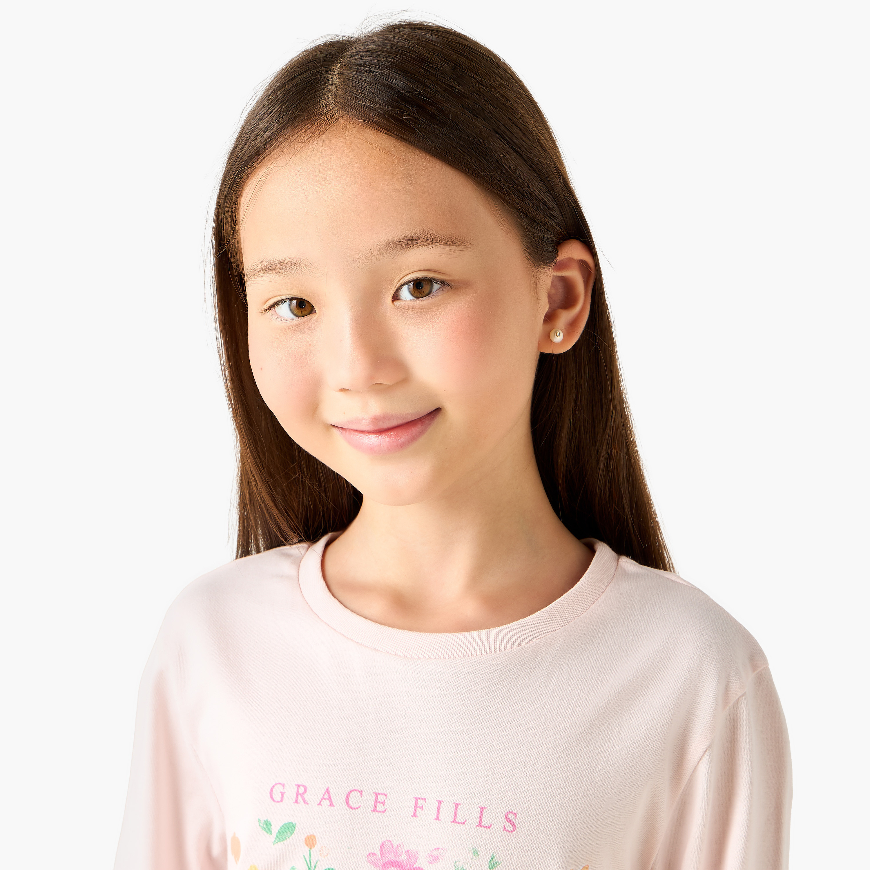 Juniors Cotton Round Neck Long Sleeve Pyjama Set with Floral Print-girls-clothing-nightwear-image-5