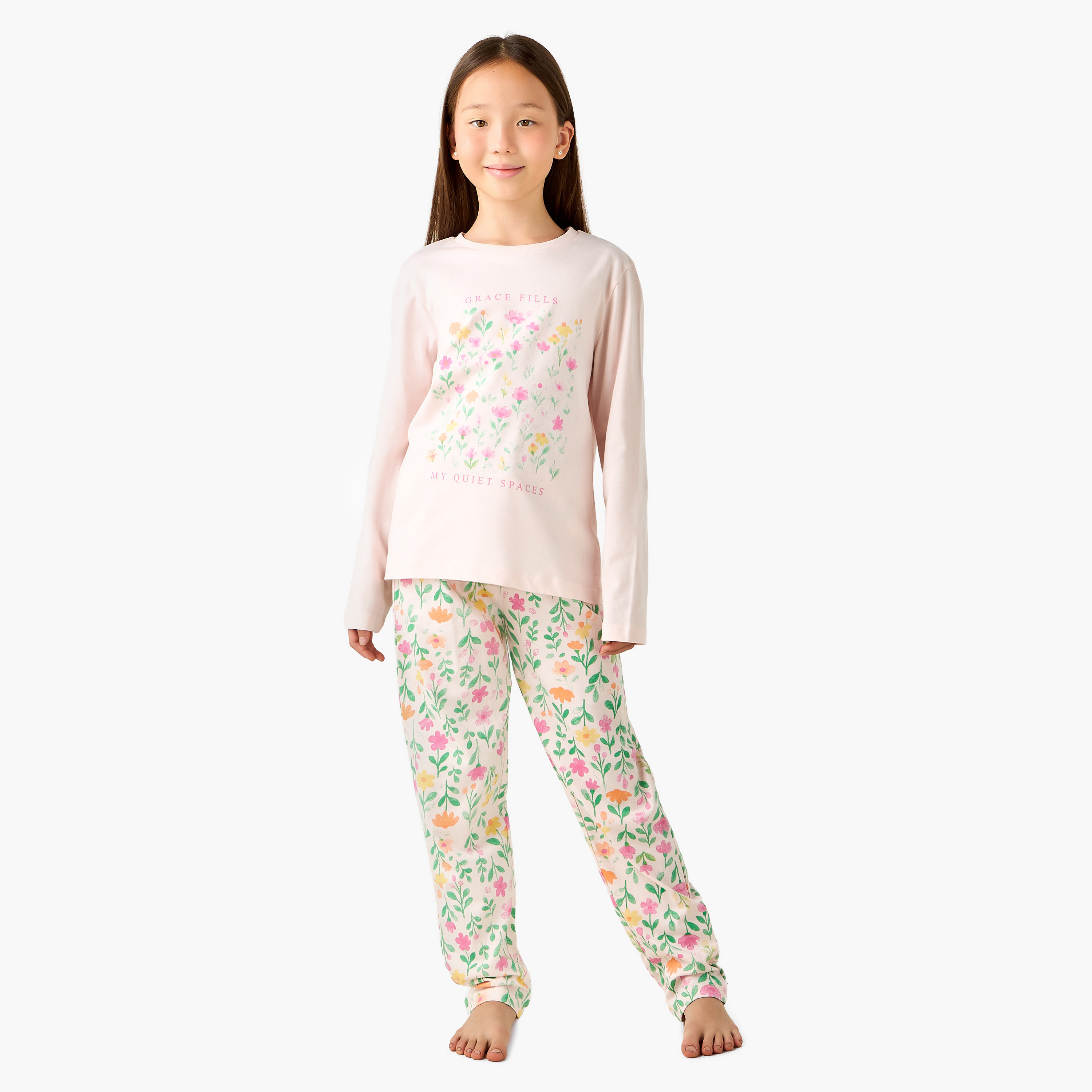 Juniors Cotton Round Neck Long Sleeve Pyjama Set with Floral Print-girls-clothing-nightwear-image-7
