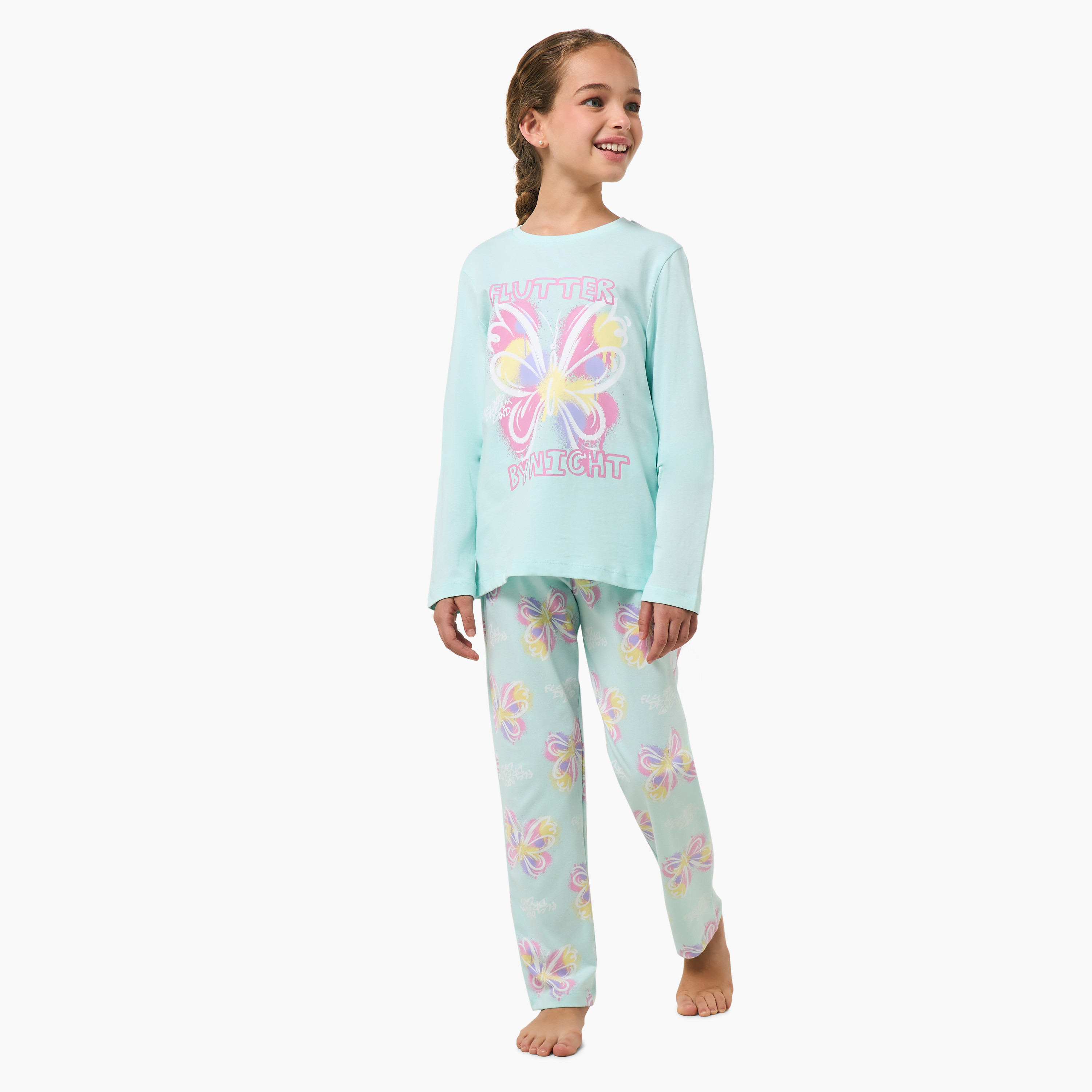 Juniors Cotton Round Neck Long Sleeves Pyjama Set with Butterfly Print-girls-clothing-nightwear-image-1