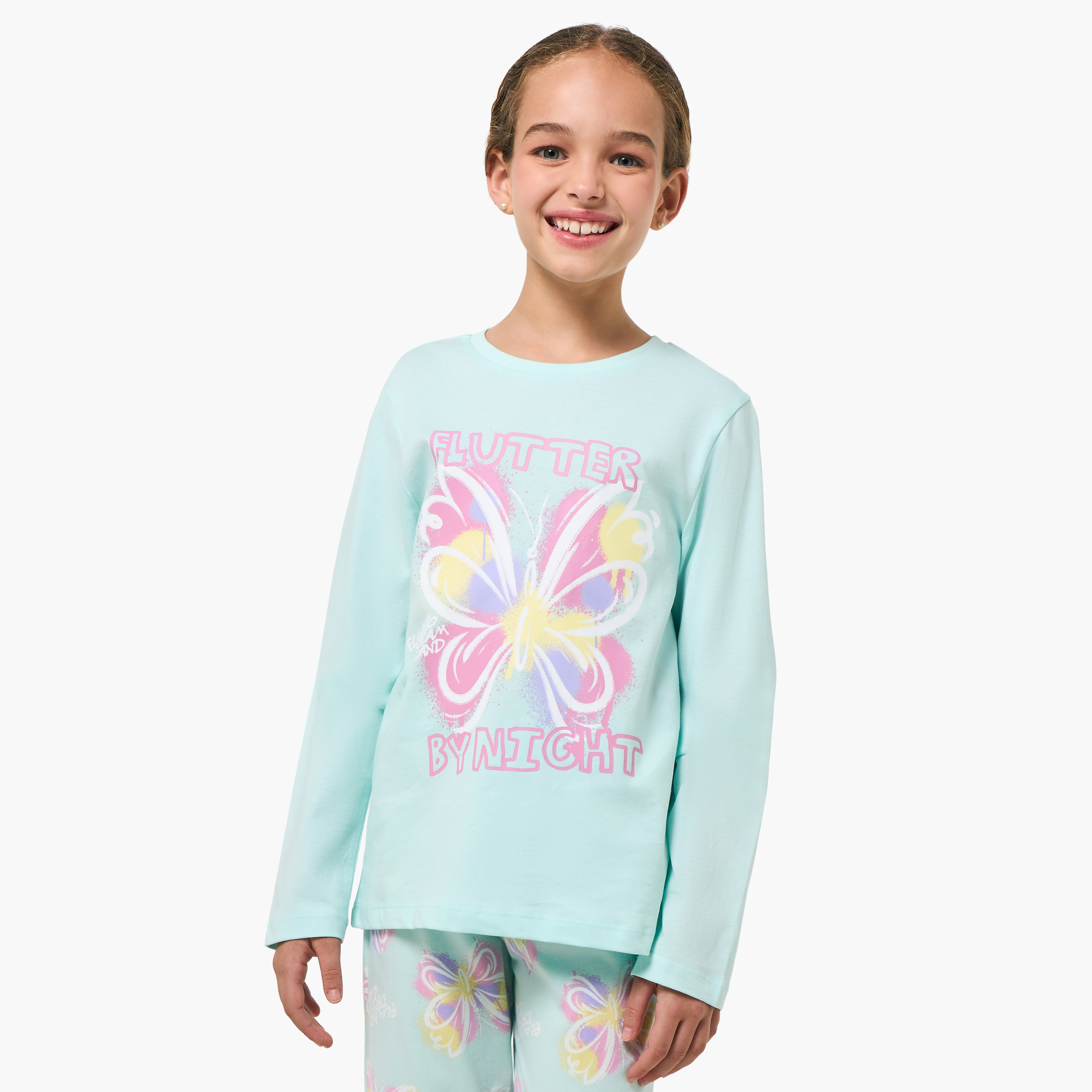Juniors Cotton Round Neck Long Sleeves Pyjama Set with Butterfly Print-girls-clothing-nightwear-image-2