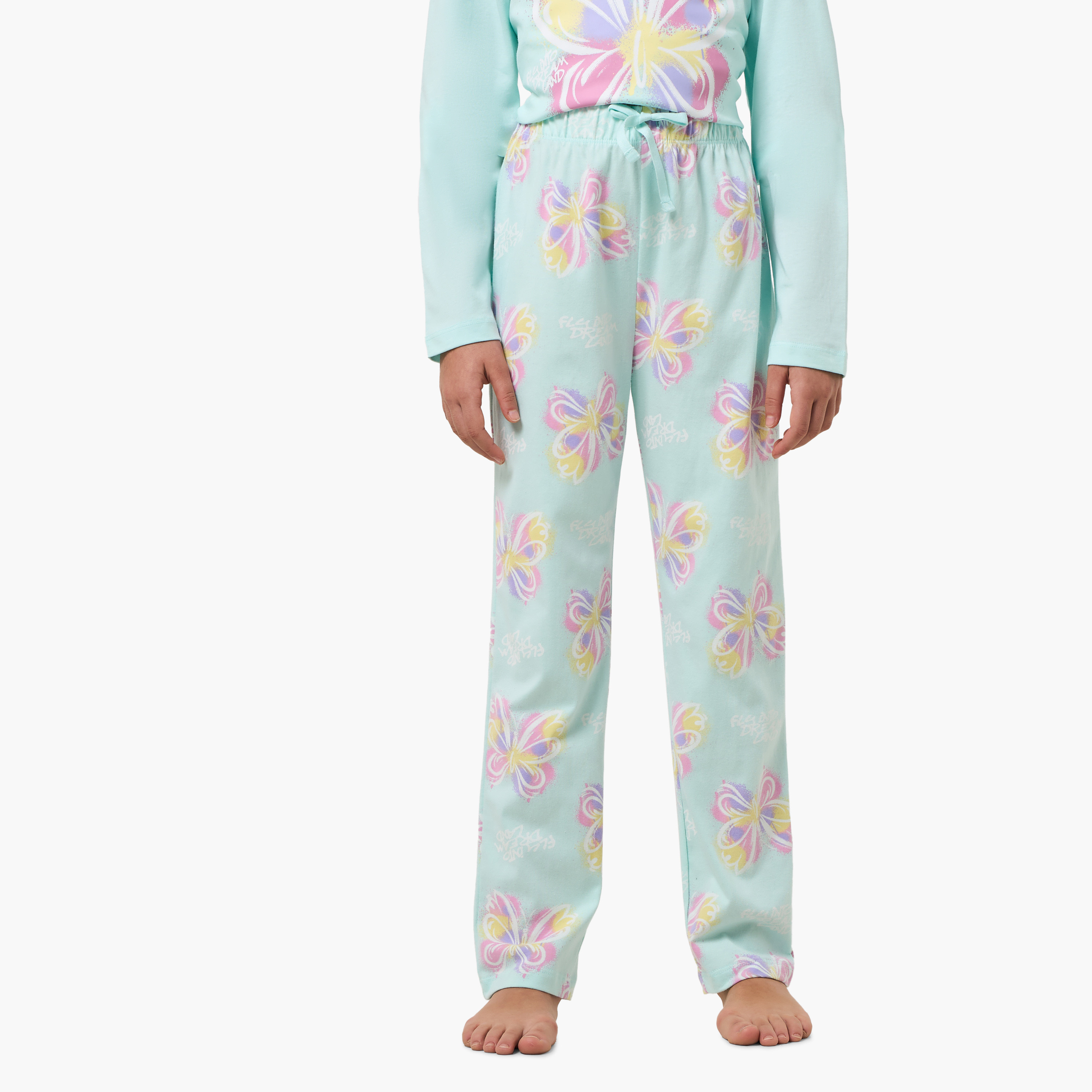 Juniors Cotton Round Neck Long Sleeves Pyjama Set with Butterfly Print-girls-clothing-nightwear-image-3