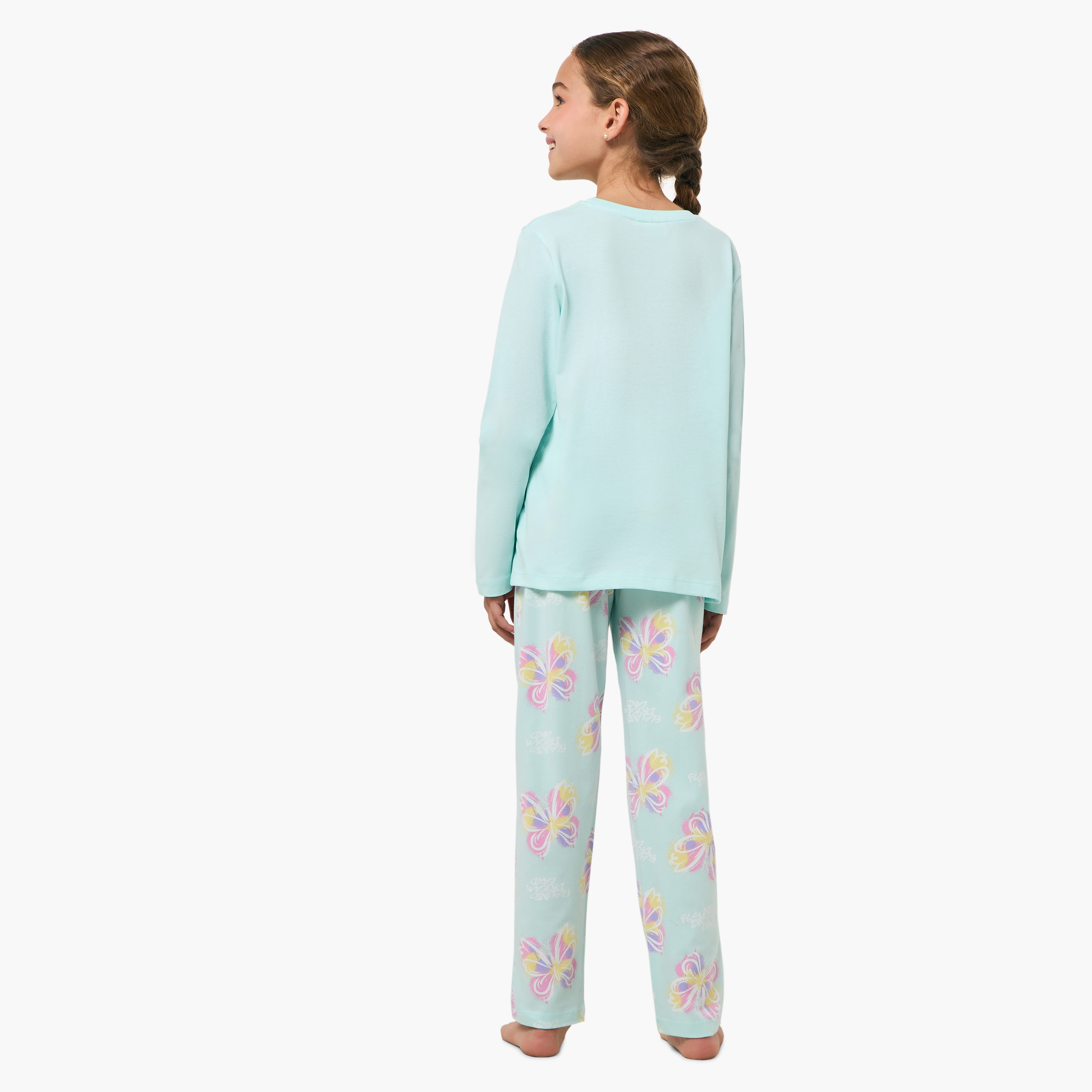 Juniors Cotton Round Neck Long Sleeves Pyjama Set with Butterfly Print-girls-clothing-nightwear-image-4