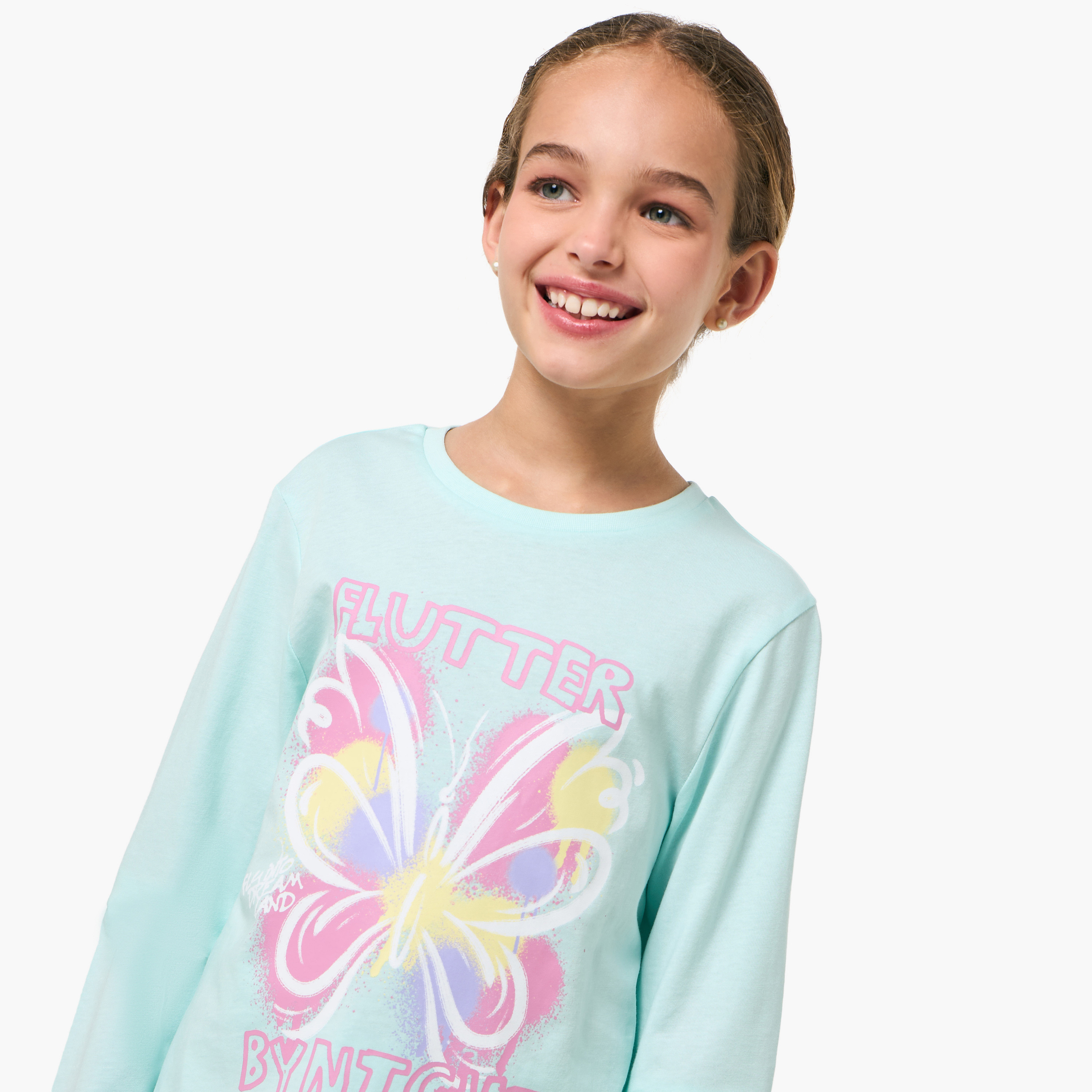 Juniors Cotton Round Neck Long Sleeves Pyjama Set with Butterfly Print-girls-clothing-nightwear-image-5