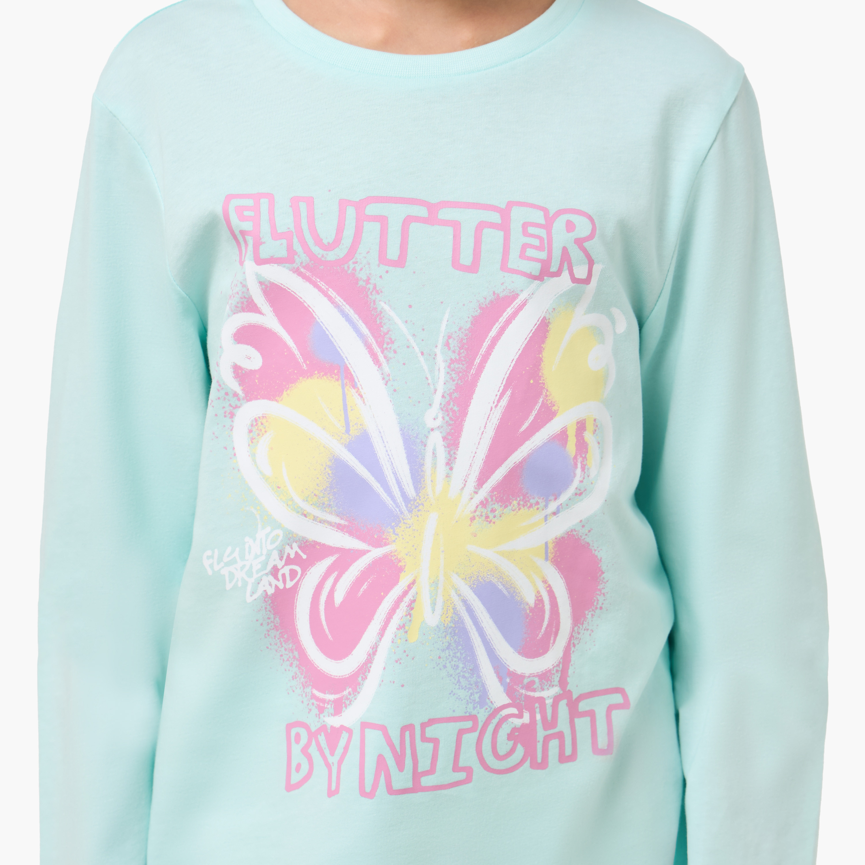 Juniors Cotton Round Neck Long Sleeves Pyjama Set with Butterfly Print-girls-clothing-nightwear-image-6