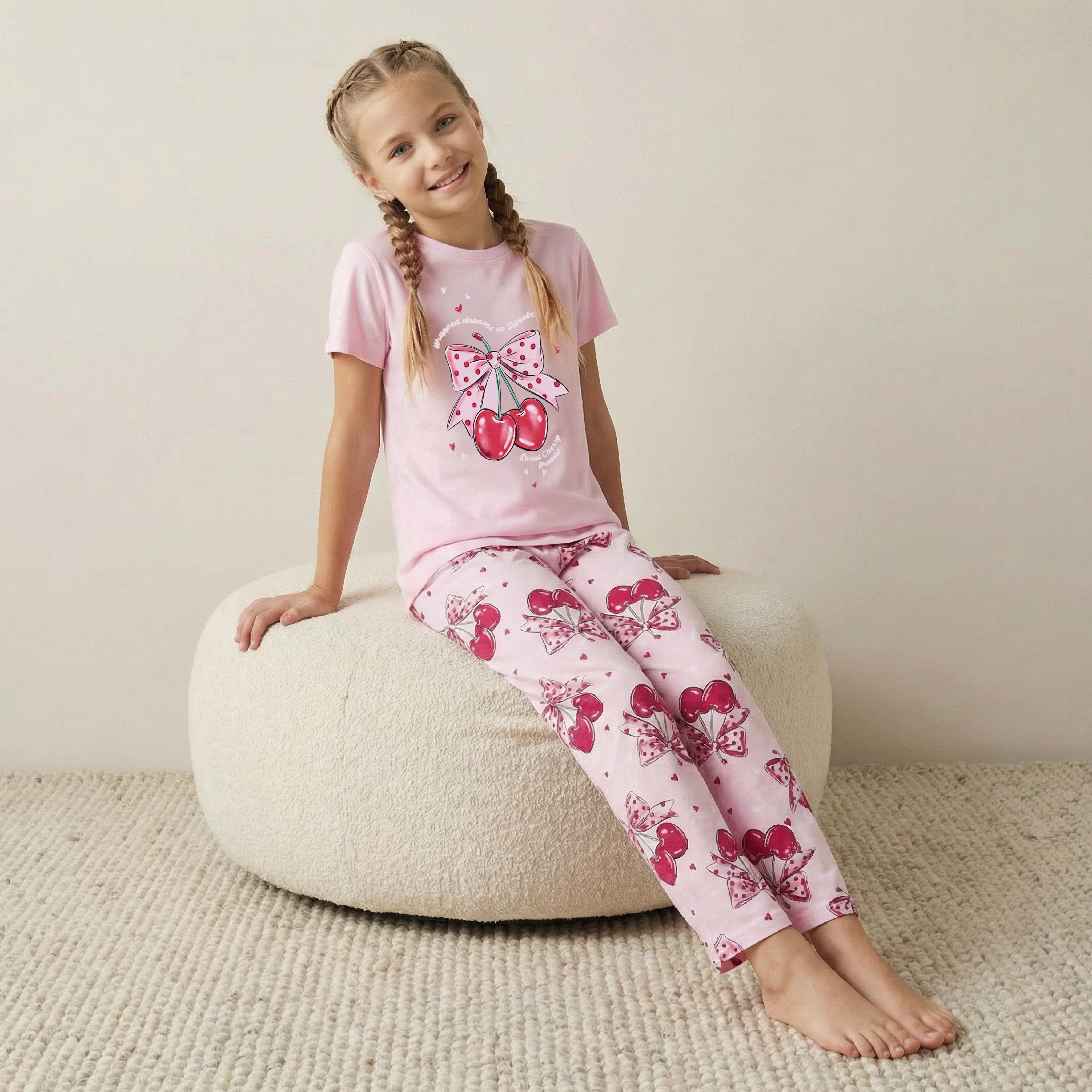 Juniors Cotton Crew Neck Short Sleeves Pyjama Set with Cherry and Bow Print-girls-clothing-nightwear-image-1