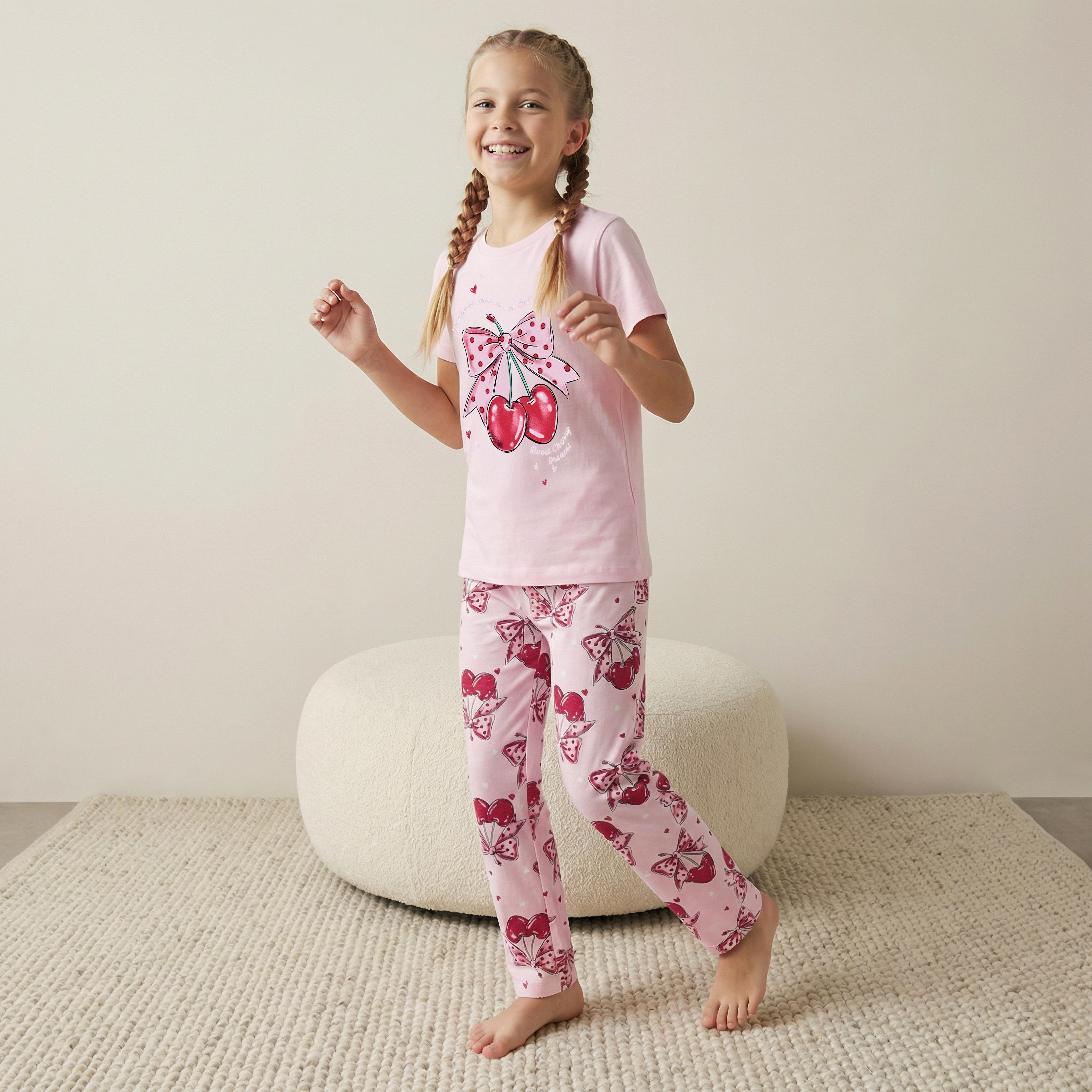 Juniors Cotton Crew Neck Short Sleeves Pyjama Set with Cherry and Bow Print-girls-clothing-nightwear-image-2