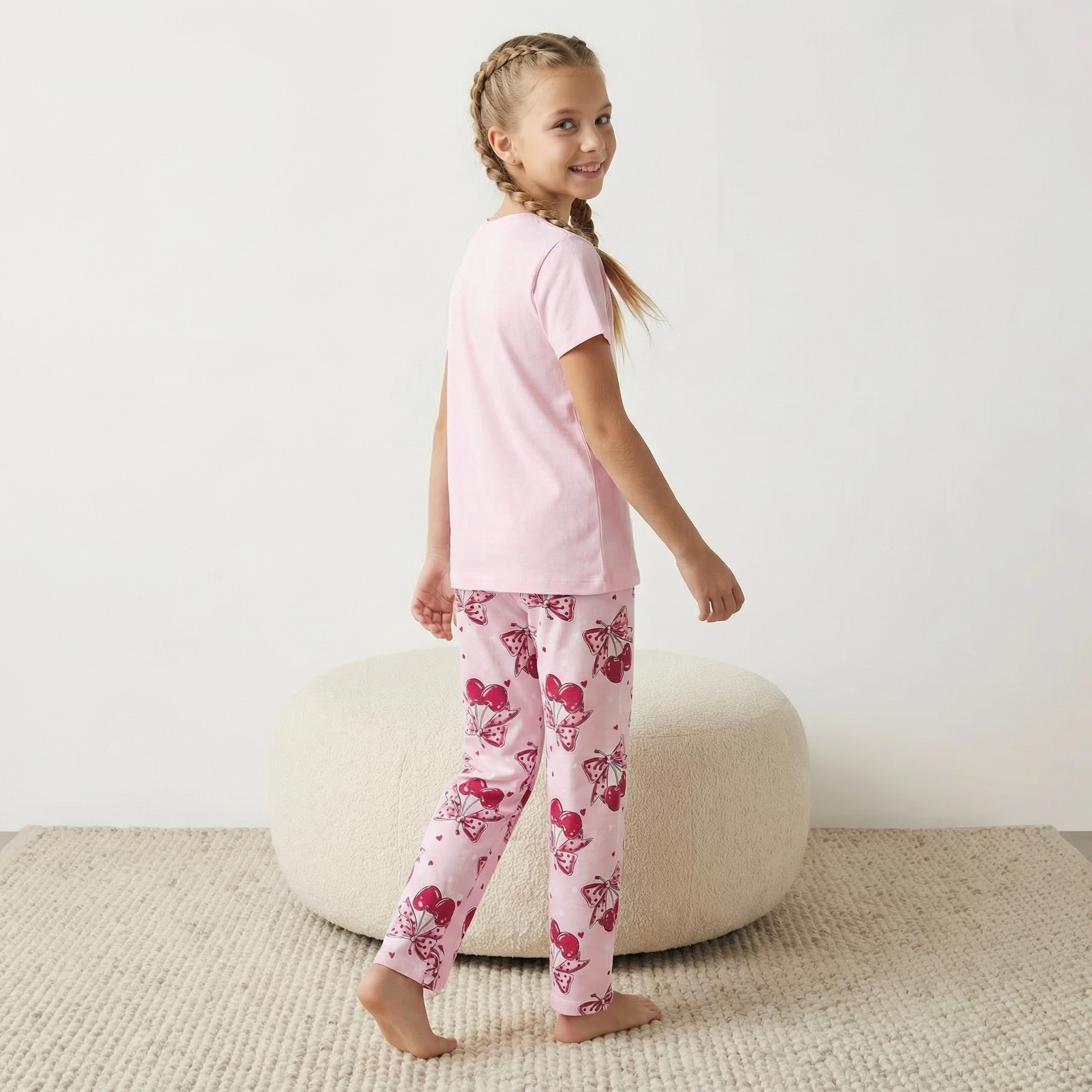 Juniors Cotton Crew Neck Short Sleeves Pyjama Set with Cherry and Bow Print-girls-clothing-nightwear-image-3