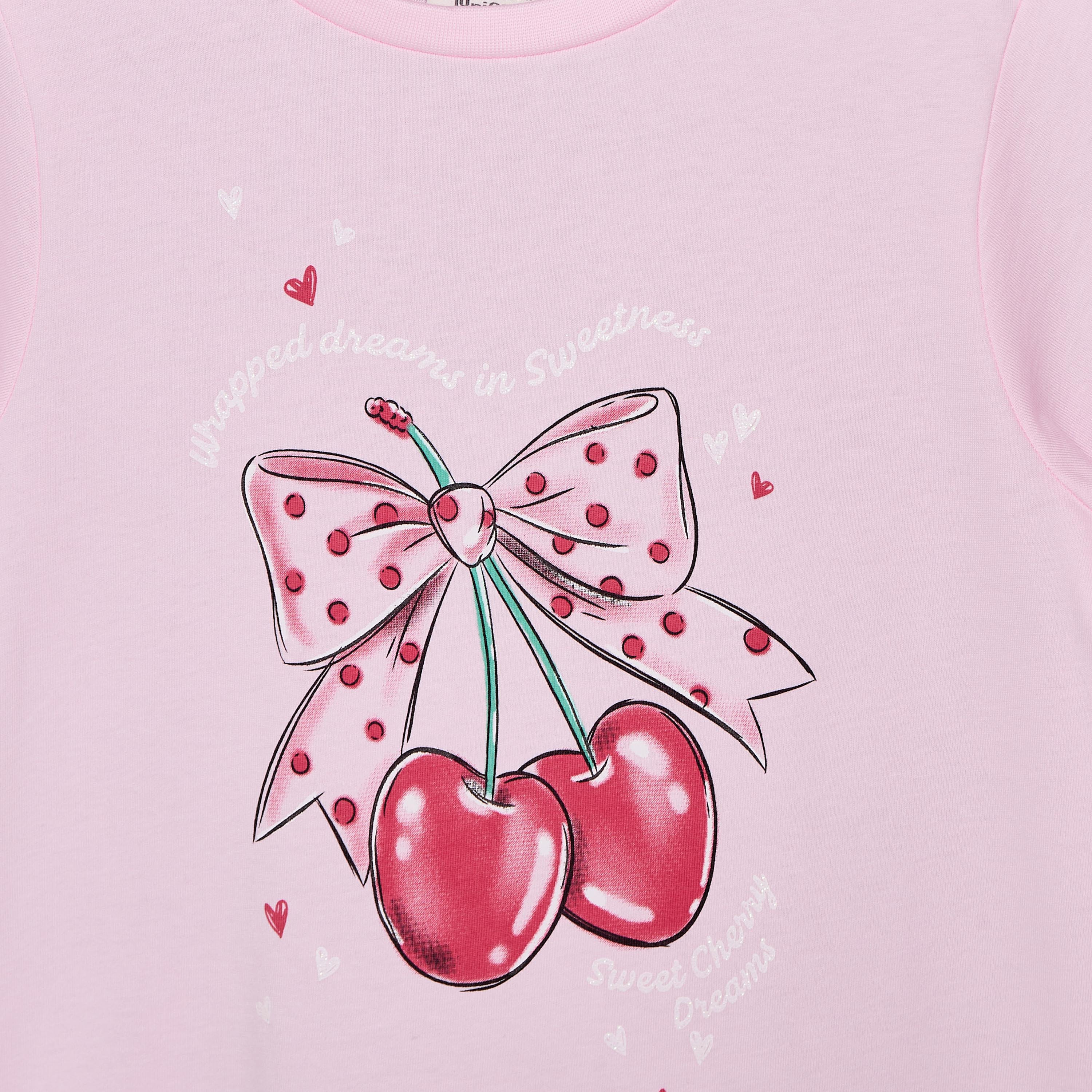 Juniors Cotton Crew Neck Short Sleeves Pyjama Set with Cherry and Bow Print-girls-clothing-nightwear-image-4