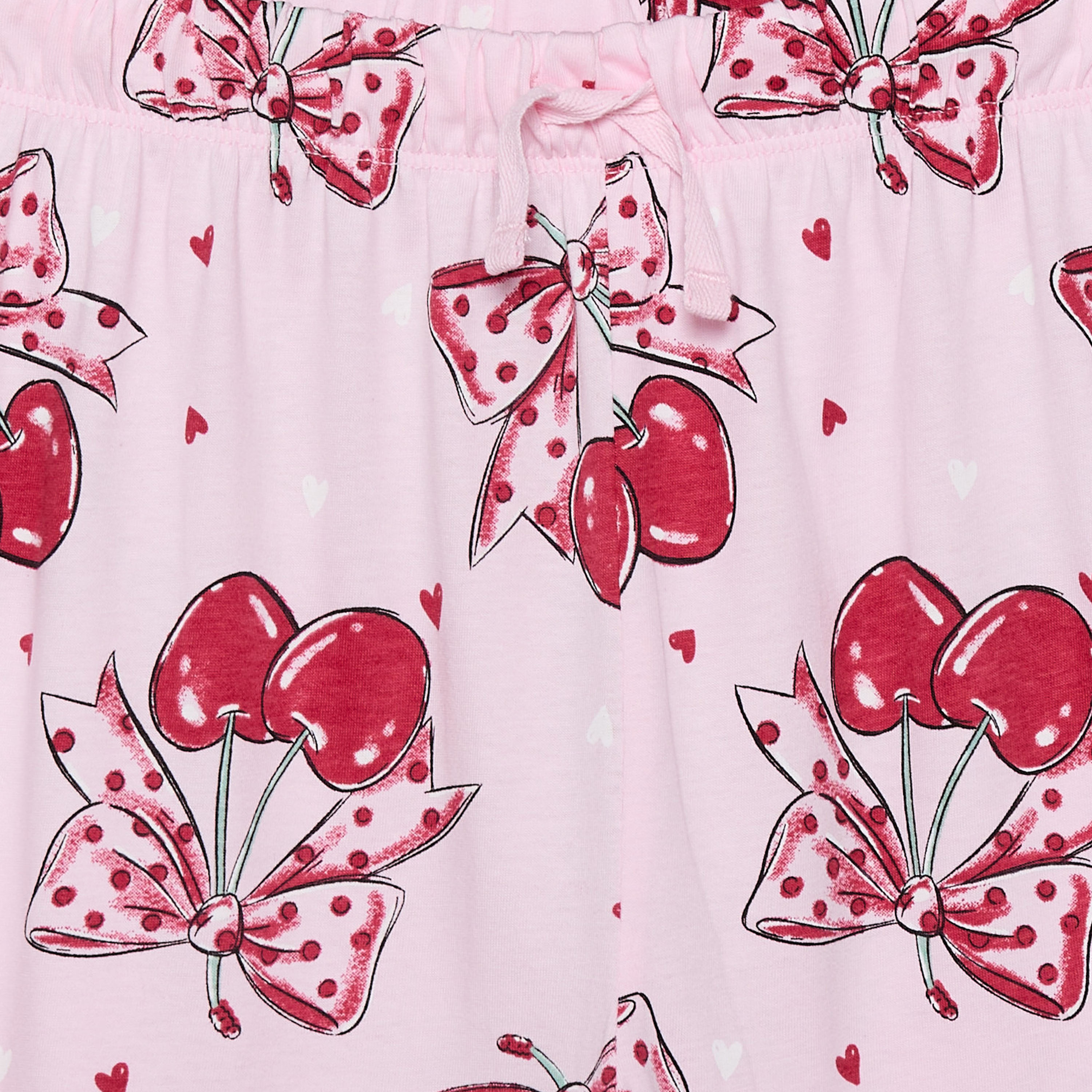 Juniors Cotton Crew Neck Short Sleeves Pyjama Set with Cherry and Bow Print-girls-clothing-nightwear-image-5