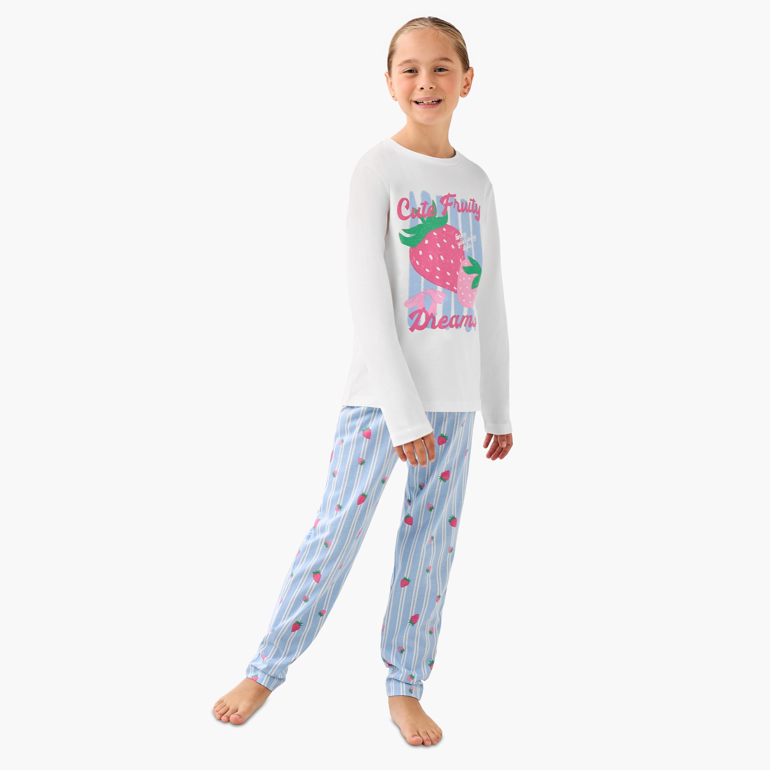 Juniors Cotton Round Neck Long Sleeves Pyjama Set with Strawberry Print-girls-clothing-setsandcoords-image-1