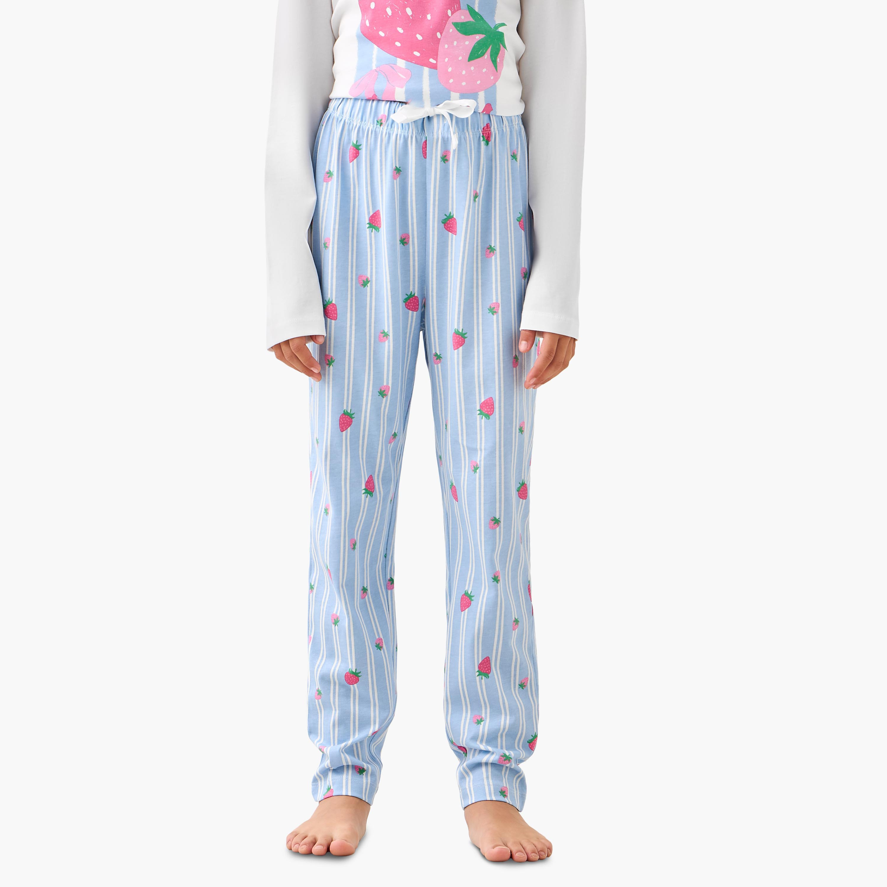 Juniors Cotton Round Neck Long Sleeves Pyjama Set with Strawberry Print-girls-clothing-setsandcoords-image-3