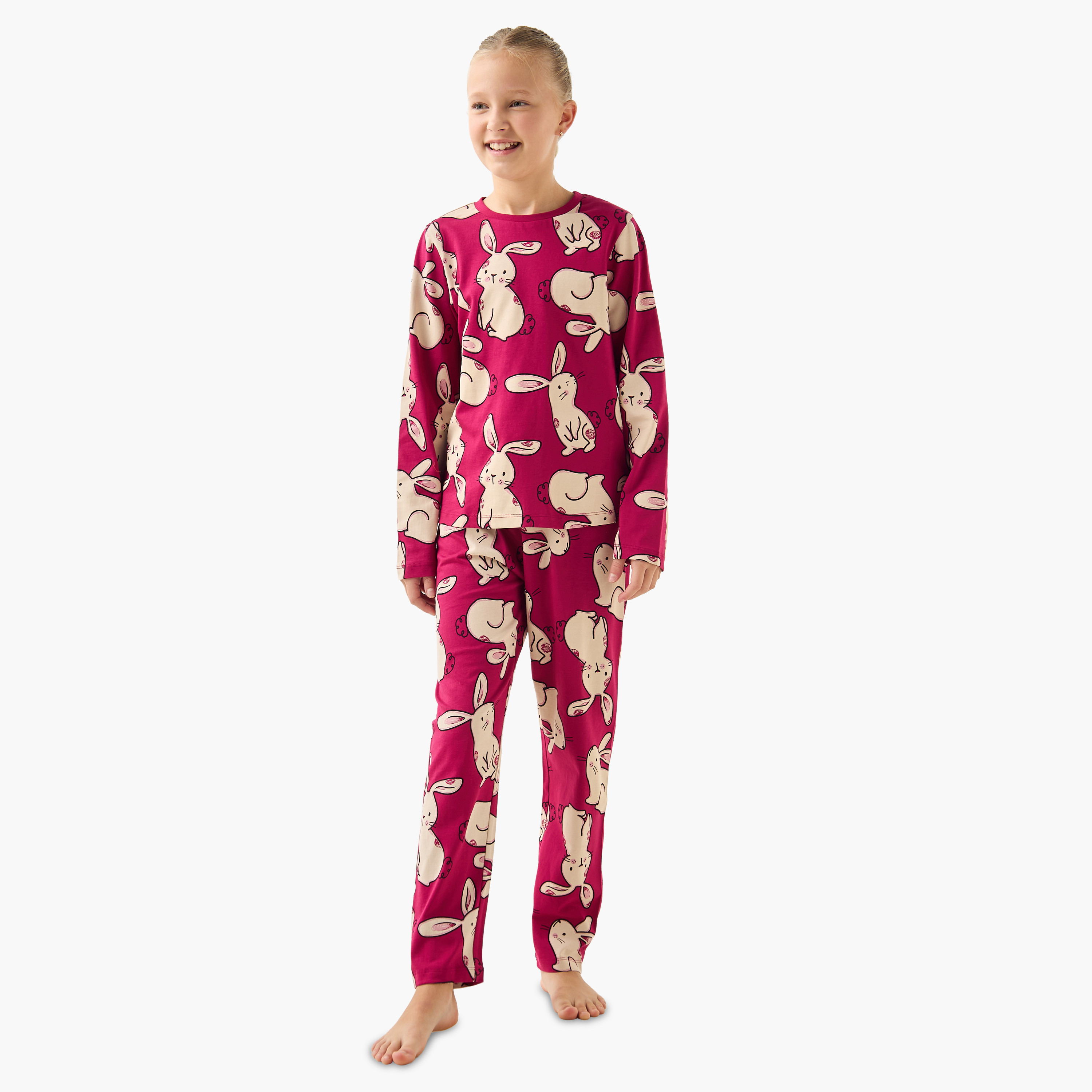 Juniors Cotton Crew Neck Long Sleeve Pyjama Set with Bunny Print-girls-clothing-nightwear-image-1