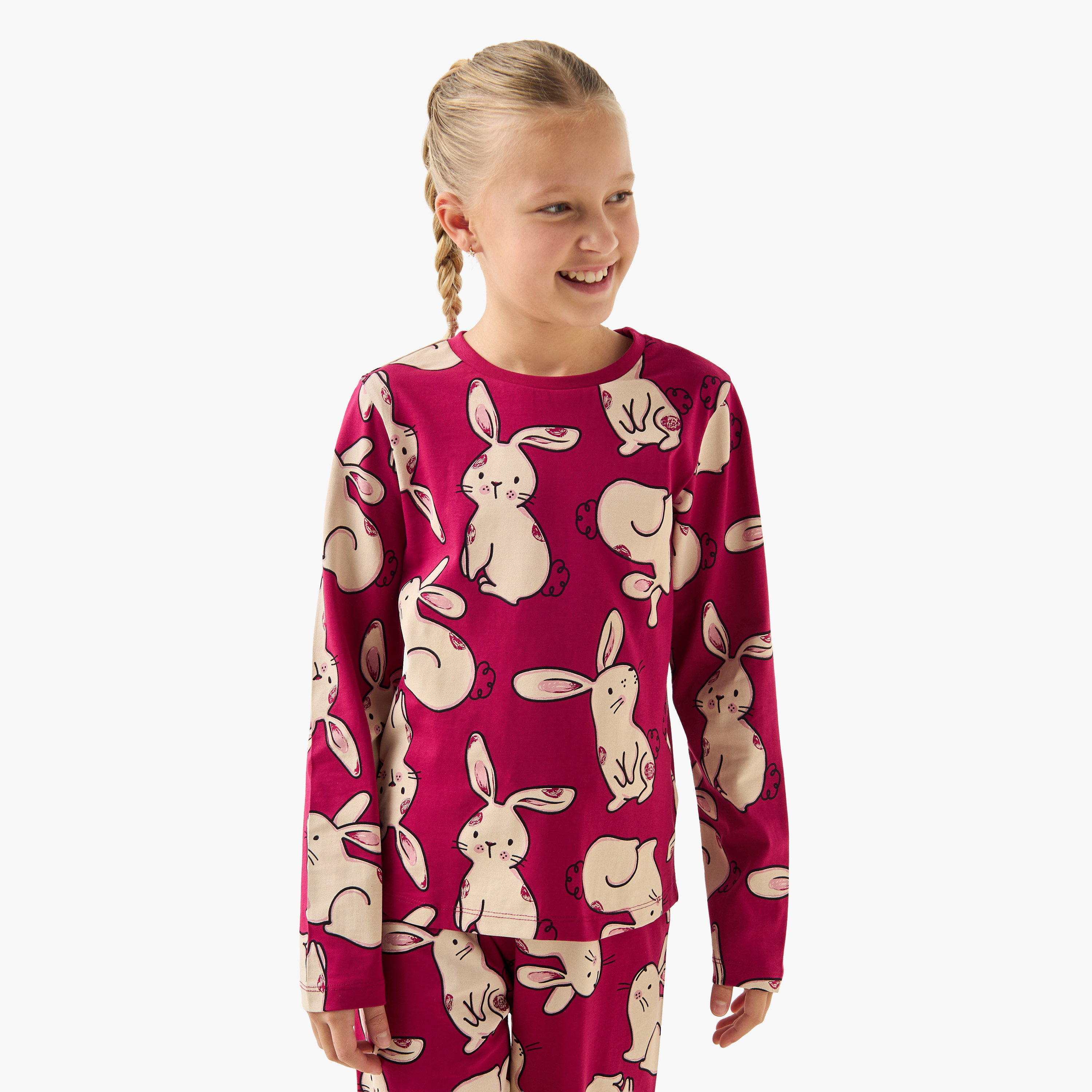 Juniors Cotton Crew Neck Long Sleeve Pyjama Set with Bunny Print-girls-clothing-nightwear-image-2