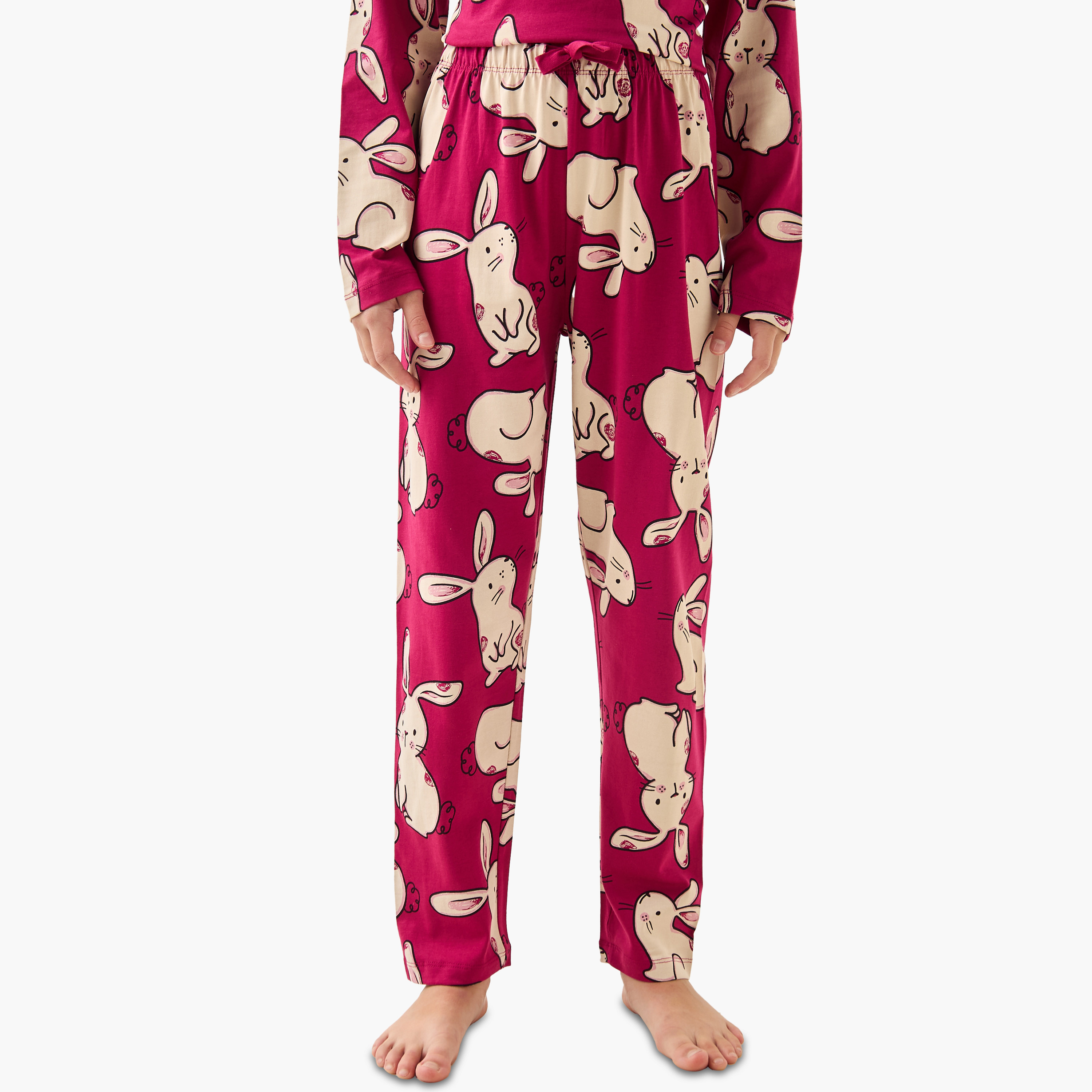 Juniors Cotton Crew Neck Long Sleeve Pyjama Set with Bunny Print-girls-clothing-nightwear-image-3