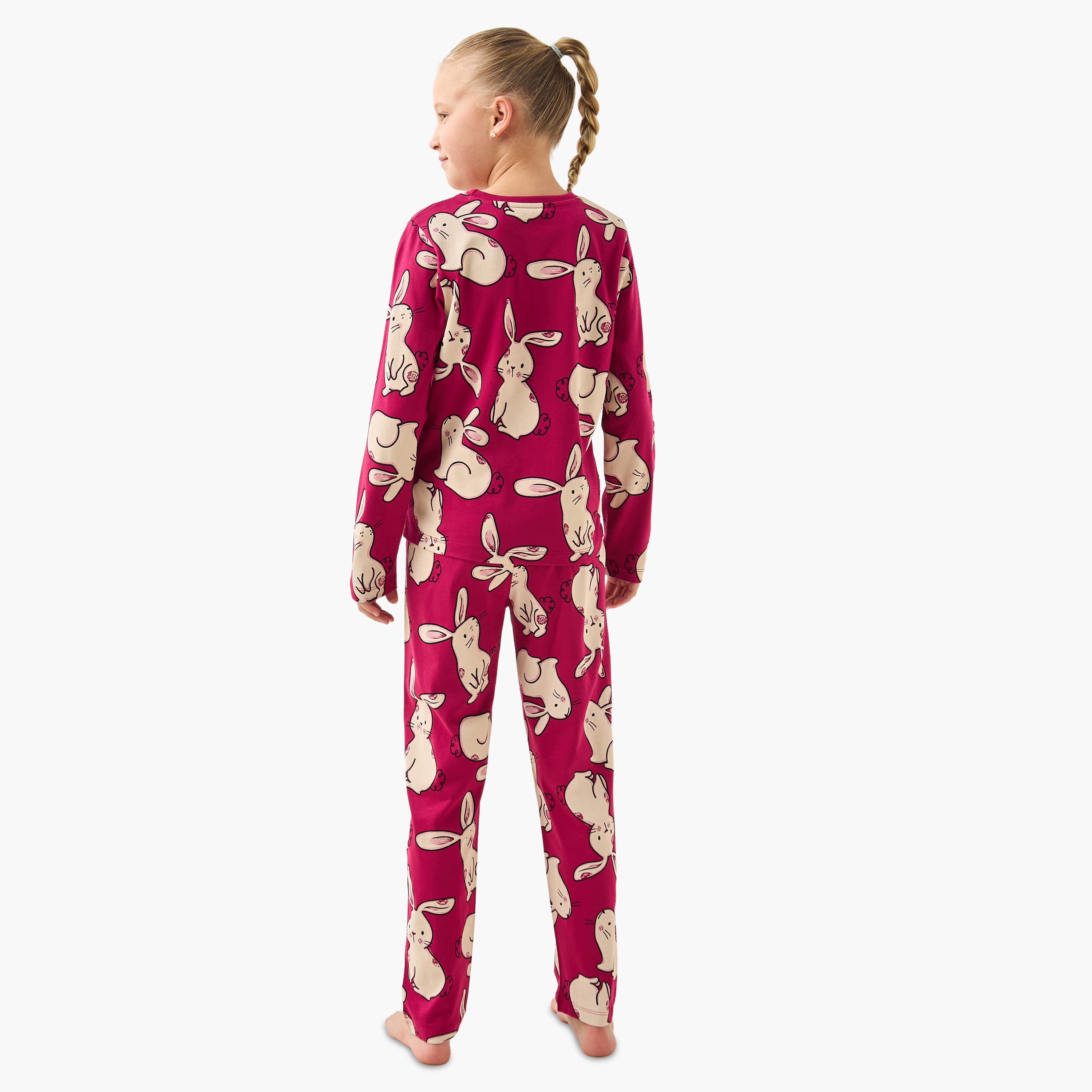 Juniors Cotton Crew Neck Long Sleeve Pyjama Set with Bunny Print-girls-clothing-nightwear-image-4