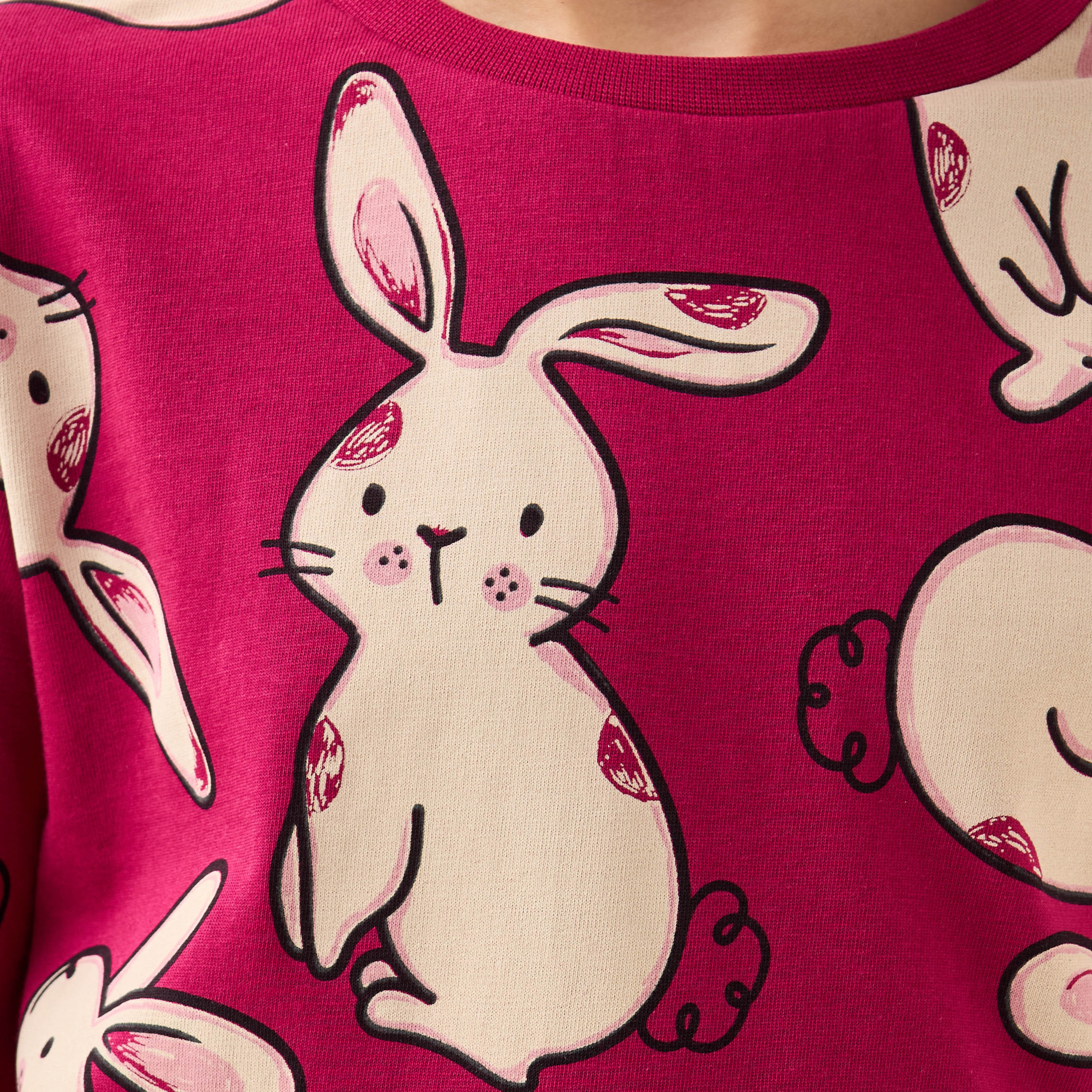 Juniors Cotton Crew Neck Long Sleeve Pyjama Set with Bunny Print-girls-clothing-nightwear-image-5