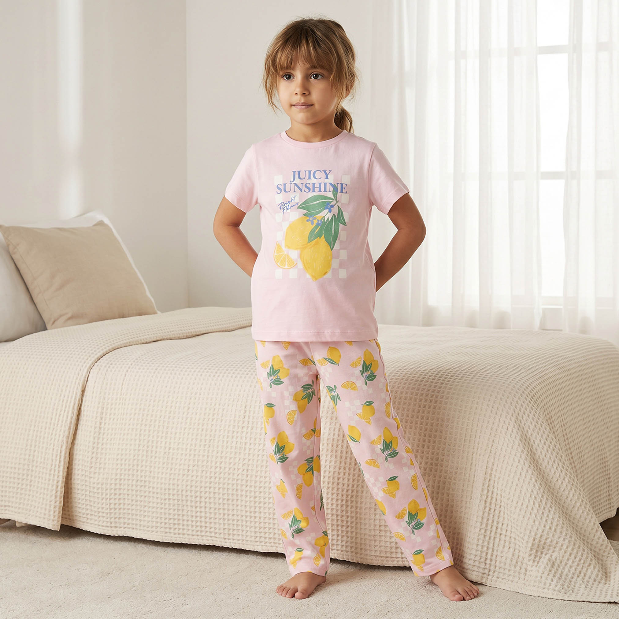 Juniors Cotton Crew Neck Short Sleeves Pyjama Set with Lemon Print-girls-clothing-nightwear-image-1