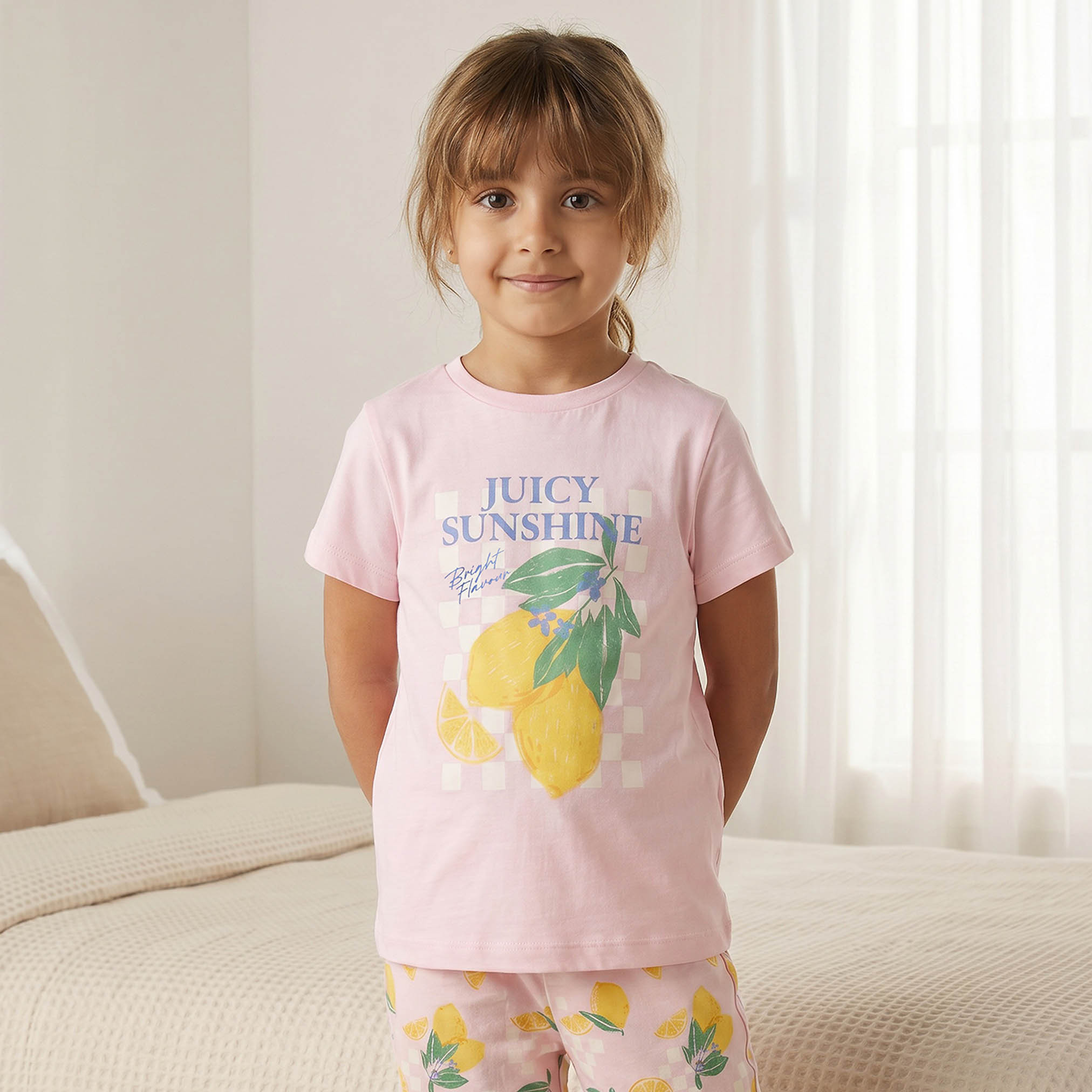 Juniors Cotton Crew Neck Short Sleeves Pyjama Set with Lemon Print-girls-clothing-nightwear-image-2