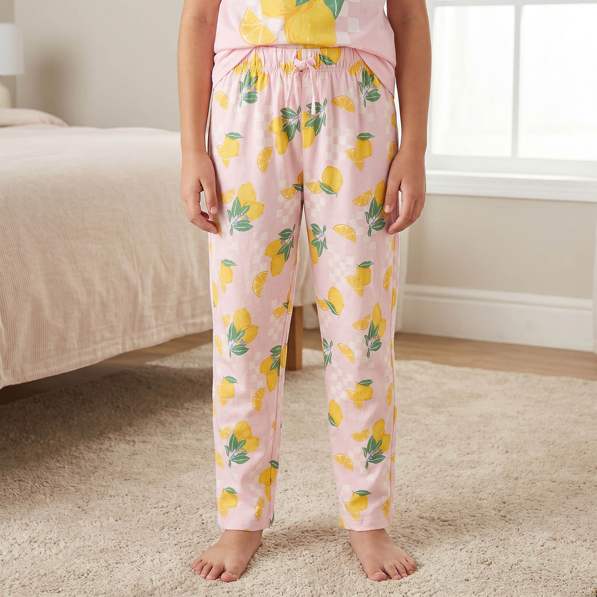 Juniors Cotton Crew Neck Short Sleeves Pyjama Set with Lemon Print-girls-clothing-nightwear-image-3