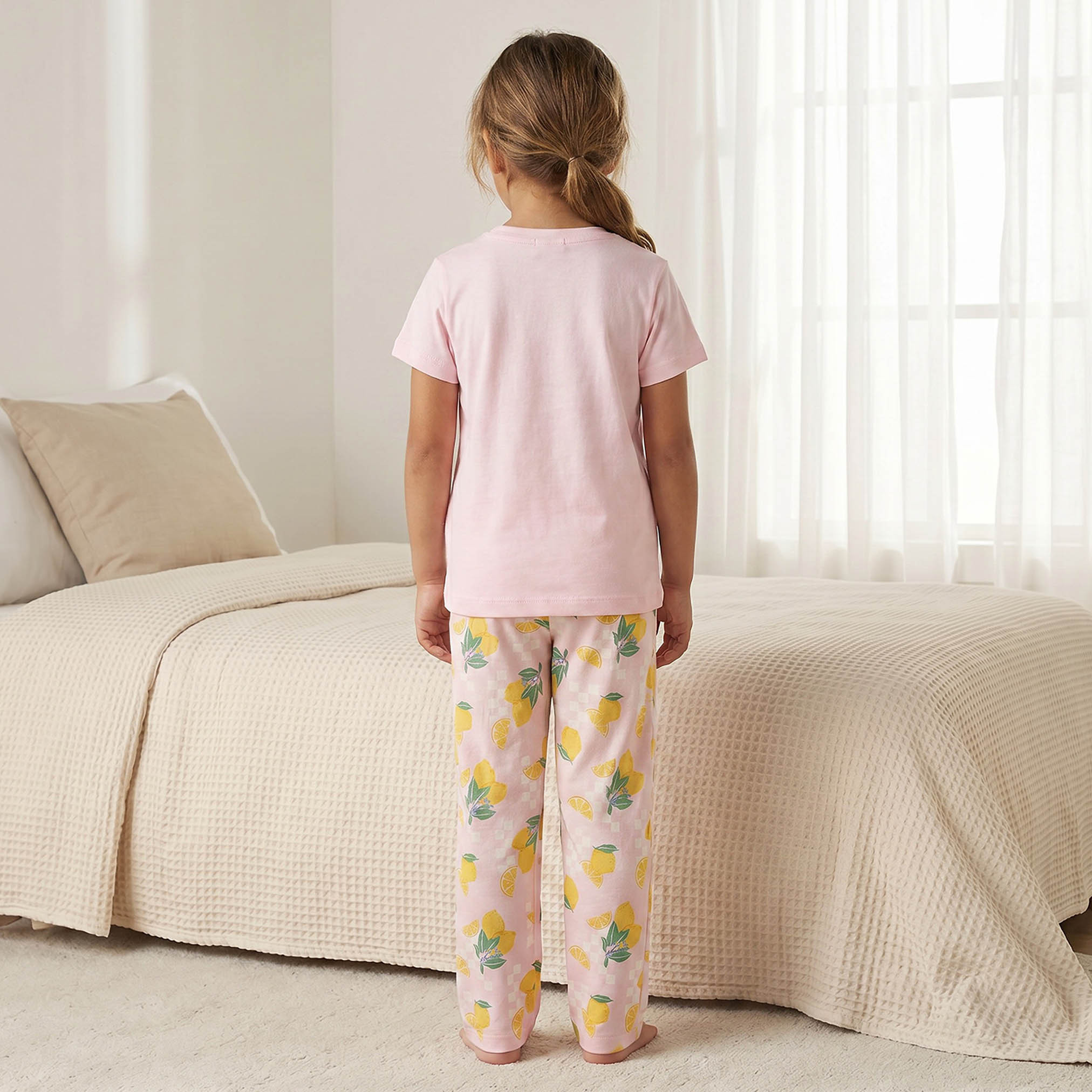 Juniors Cotton Crew Neck Short Sleeves Pyjama Set with Lemon Print-girls-clothing-nightwear-image-4