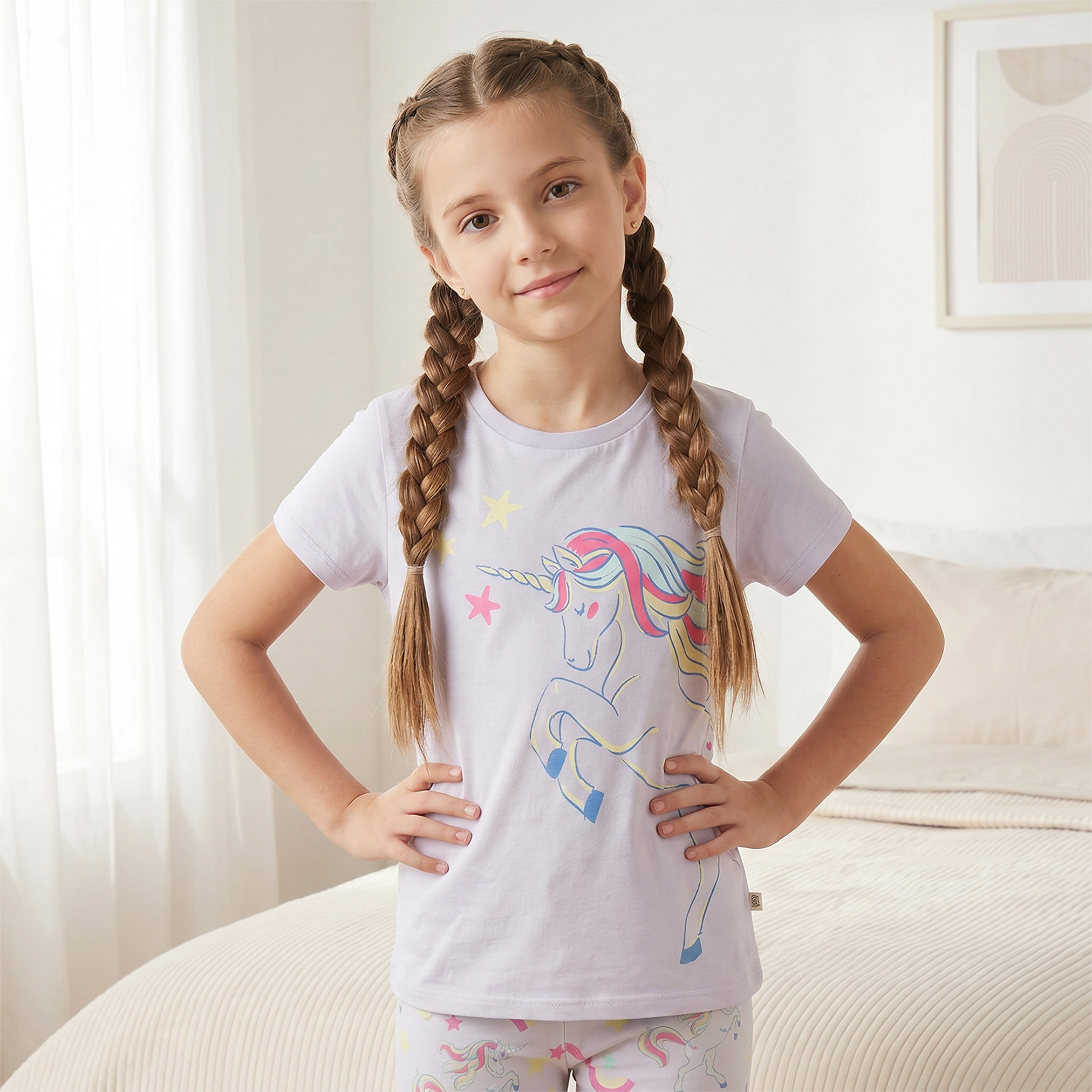 Juniors Cotton Crew Neck Short Sleeves Pyjama Set with Unicorn Print-girls-clothing-nightwear-image-2