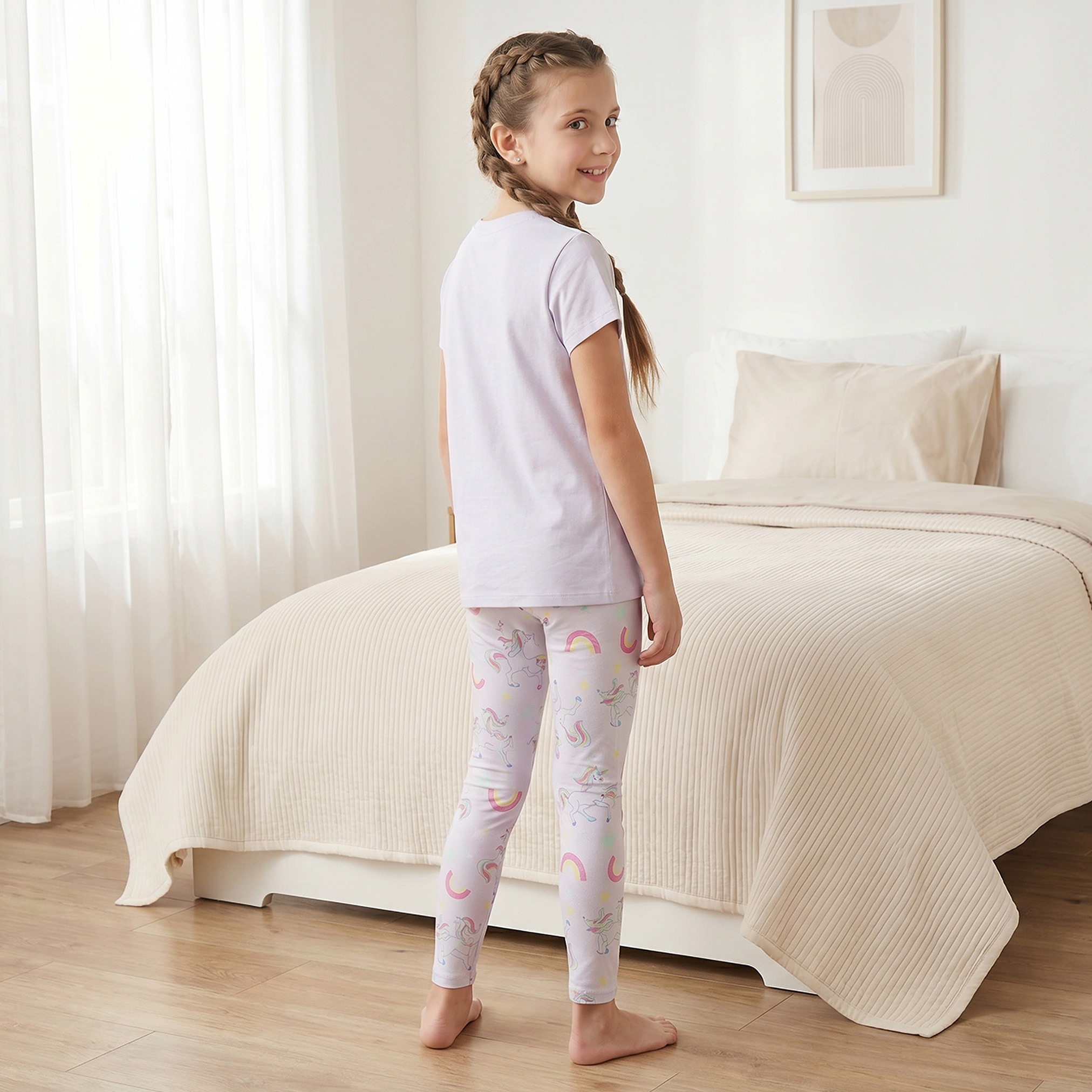 Juniors Cotton Crew Neck Short Sleeves Pyjama Set with Unicorn Print-girls-clothing-nightwear-image-4