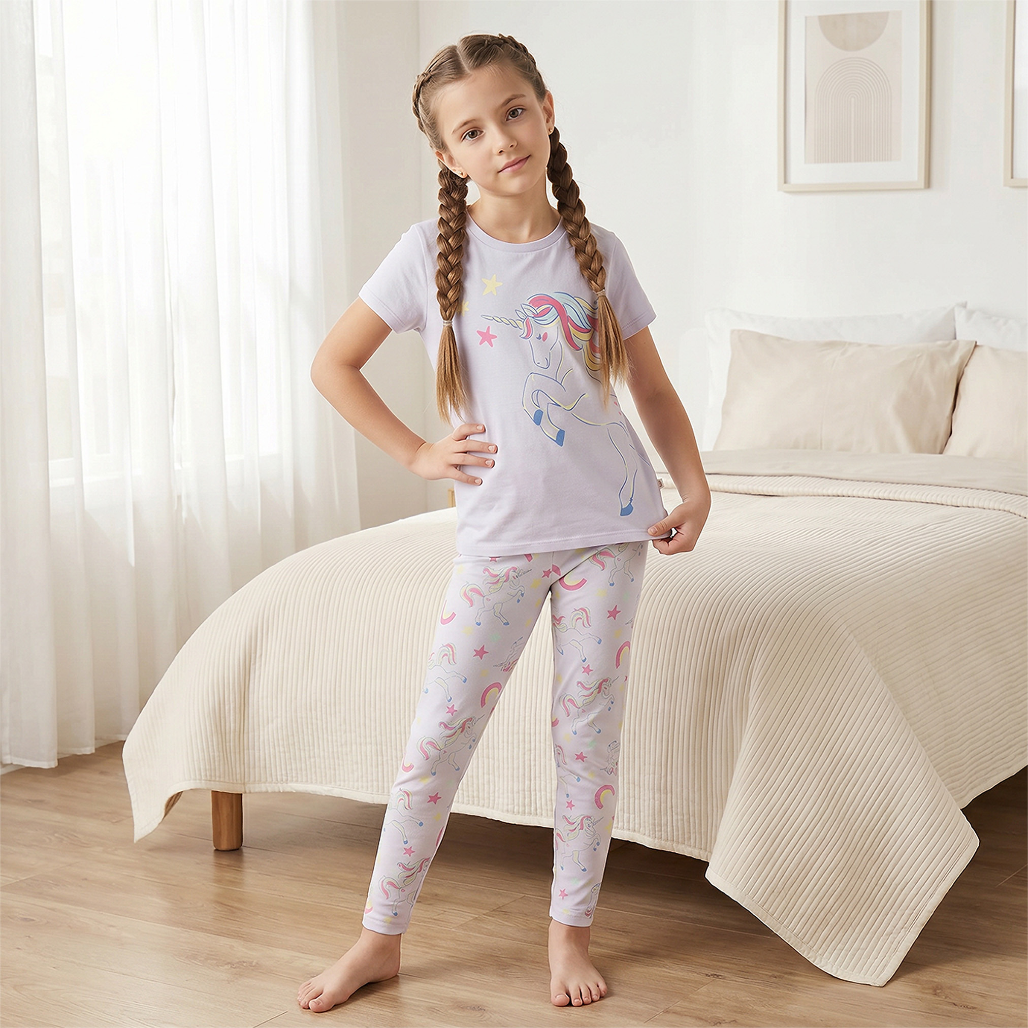 Juniors Cotton Crew Neck Short Sleeves Pyjama Set with Unicorn Print-girls-clothing-nightwear-image-7