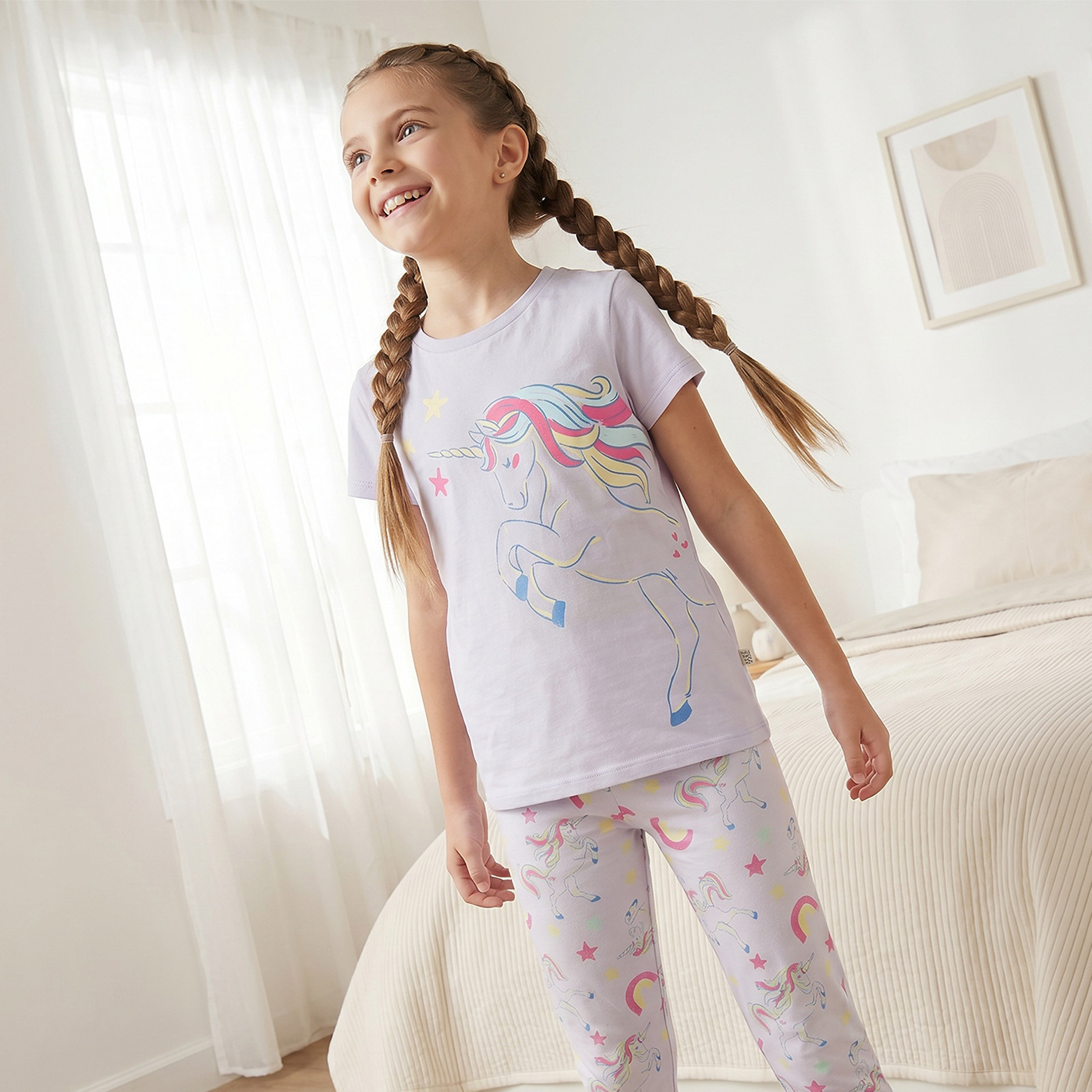 Juniors Cotton Crew Neck Short Sleeves Pyjama Set with Unicorn Print-girls-clothing-nightwear-image-8