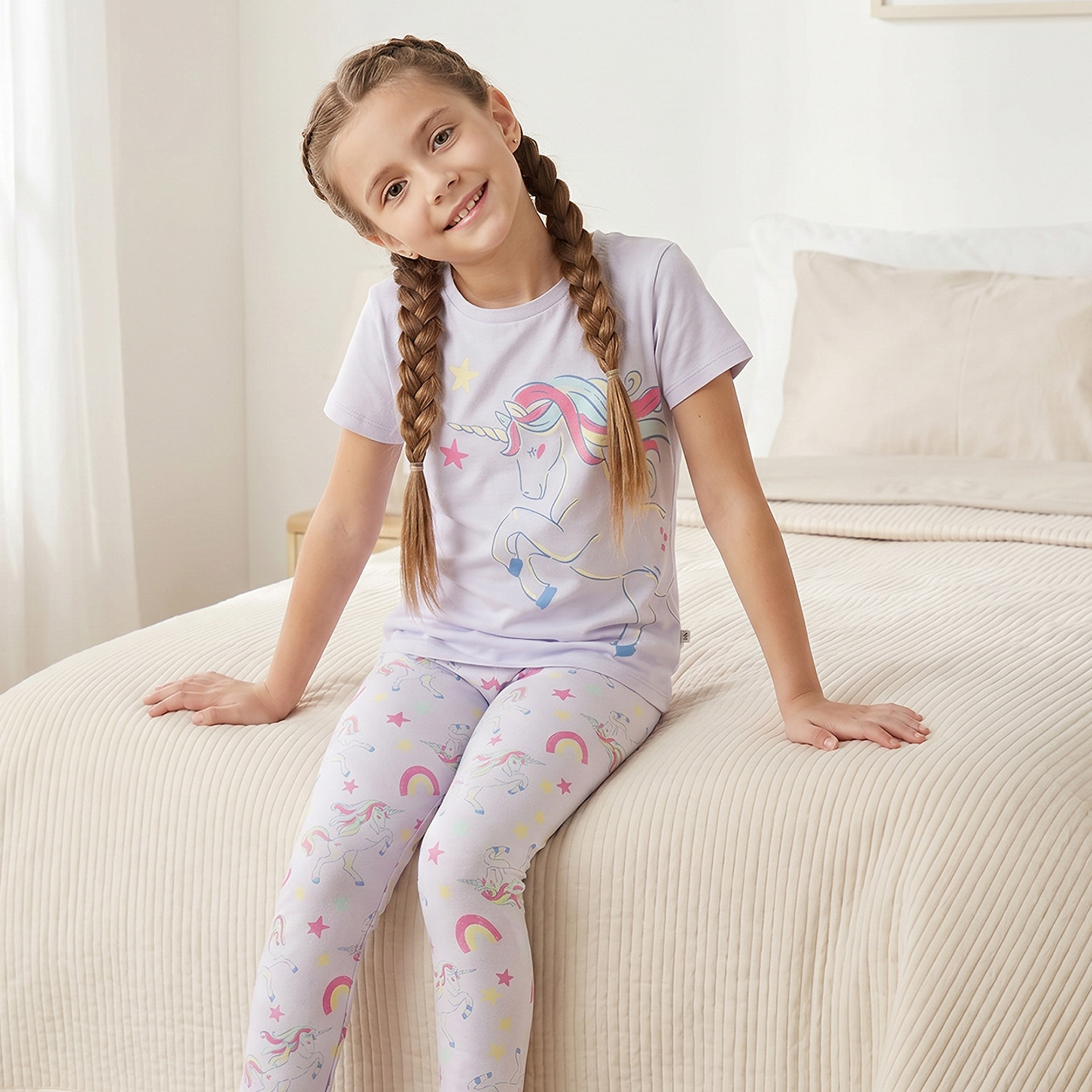 Juniors Cotton Crew Neck Short Sleeves Pyjama Set with Unicorn Print-girls-clothing-nightwear-image-9