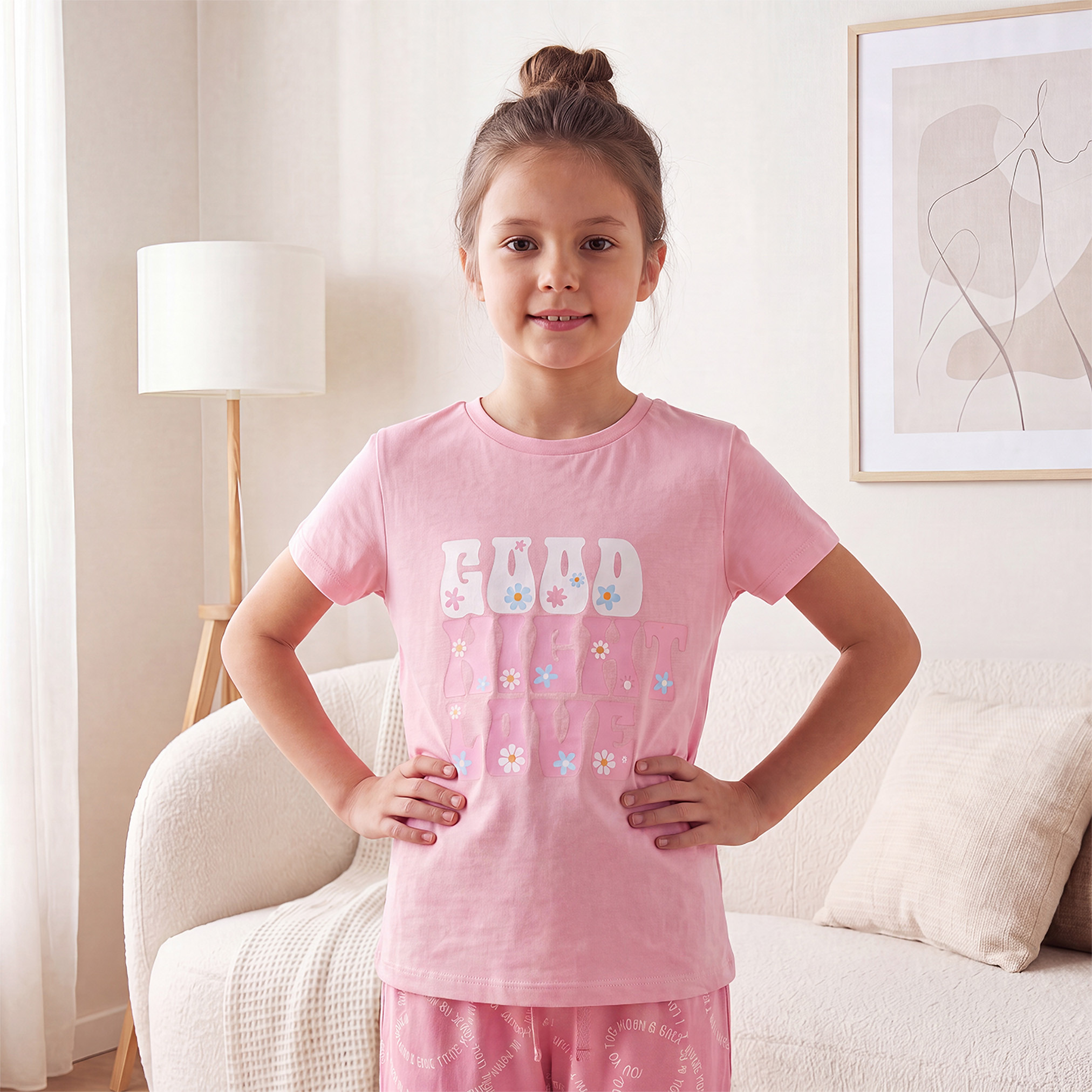 Juniors Cotton Crew Neck Short Sleeves Pyjama Set with Print-girls-clothing-nightwear-image-2