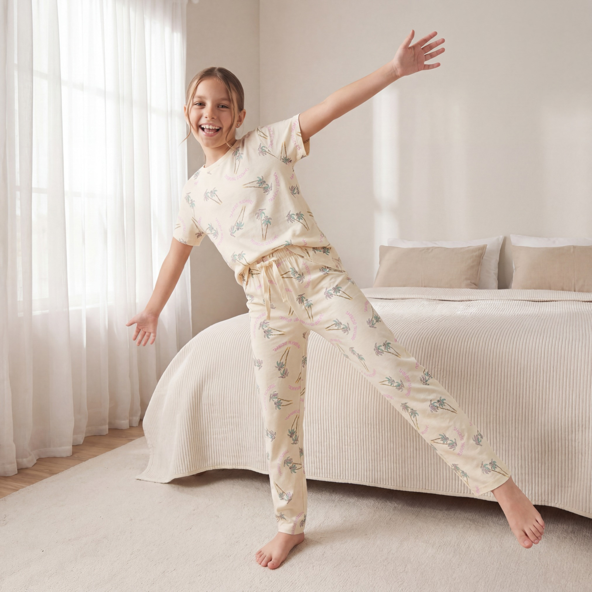 طقم بيجاما قطني بياقة مستديرة وأكمام قصيرة بطبعة زهور من جونيورز - 3 قطع-girls-clothing-nightwear-image-2