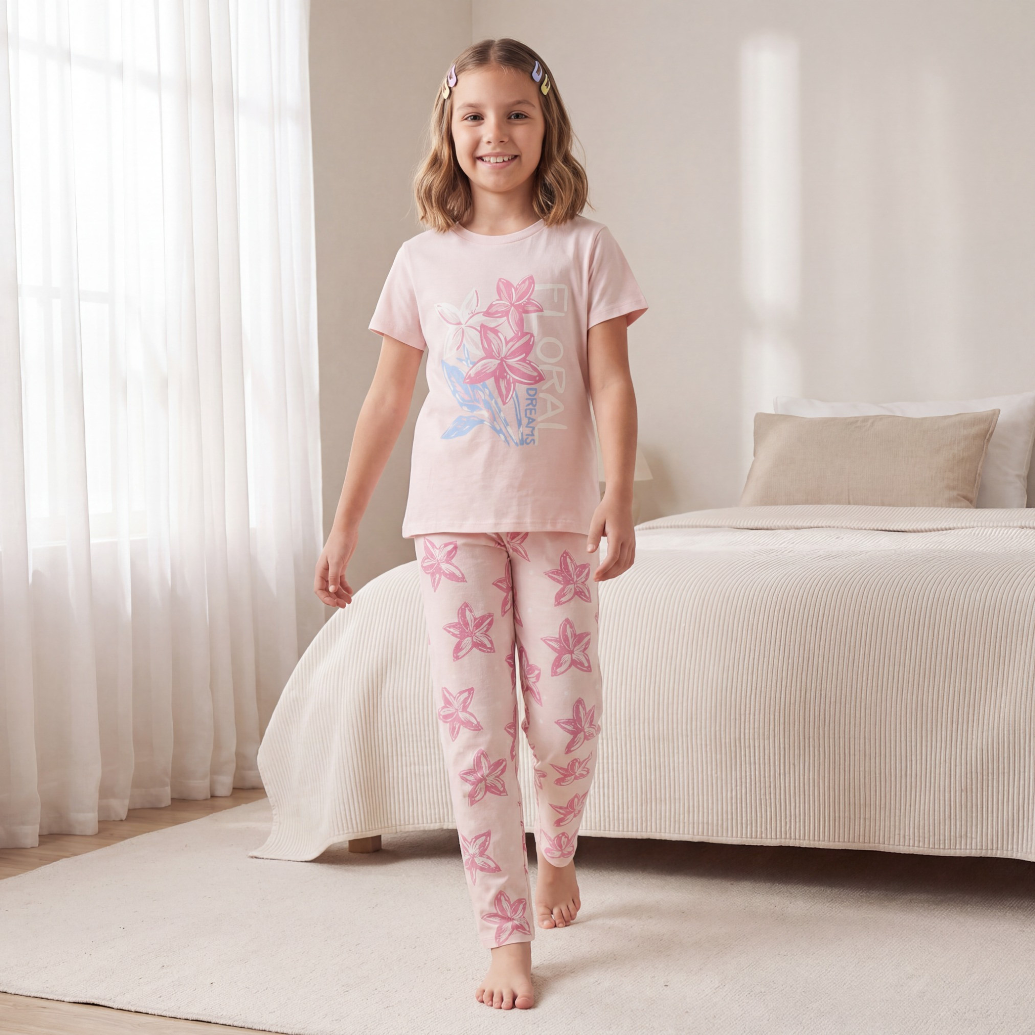 طقم بيجاما قطني بياقة مستديرة وأكمام قصيرة بطبعة زهور من جونيورز - 3 قطع-girls-clothing-nightwear-image-3