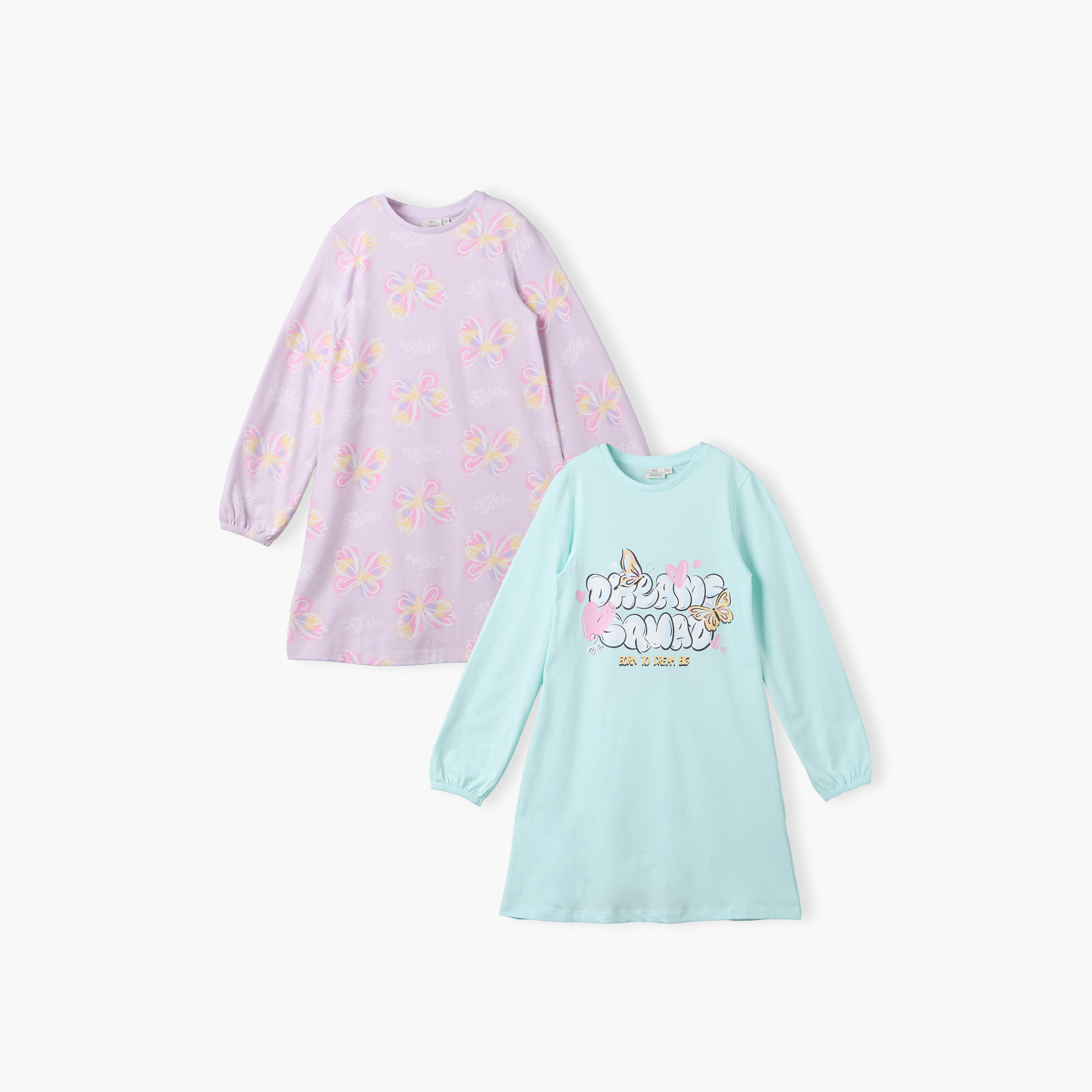 Pack of 2 Juniors Cotton Round Neck Long Sleeves Night Dress with Butterfly Print-girls-clothing-nightwear-image-1