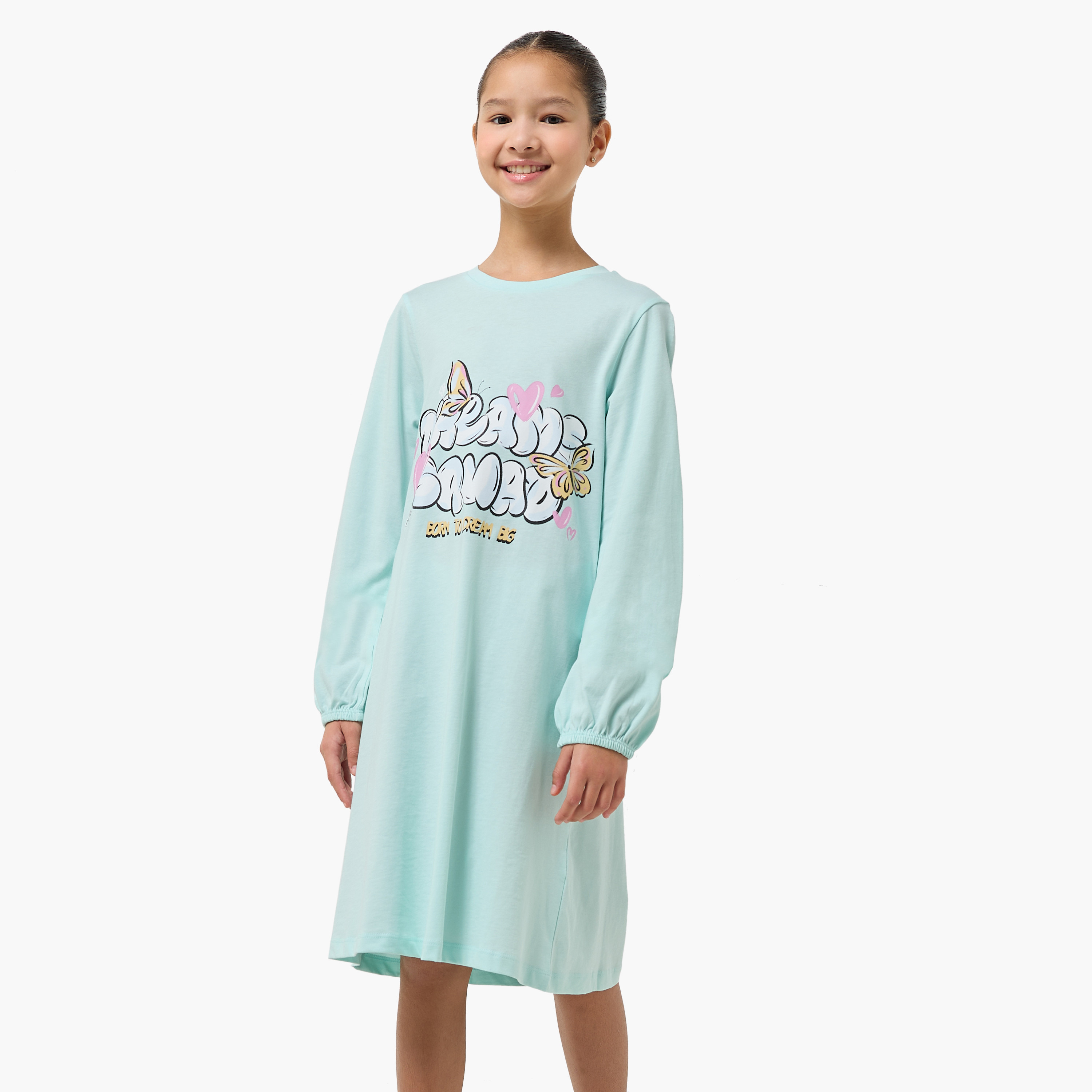 Pack of 2 Juniors Cotton Round Neck Long Sleeves Night Dress with Butterfly Print-girls-clothing-nightwear-image-2