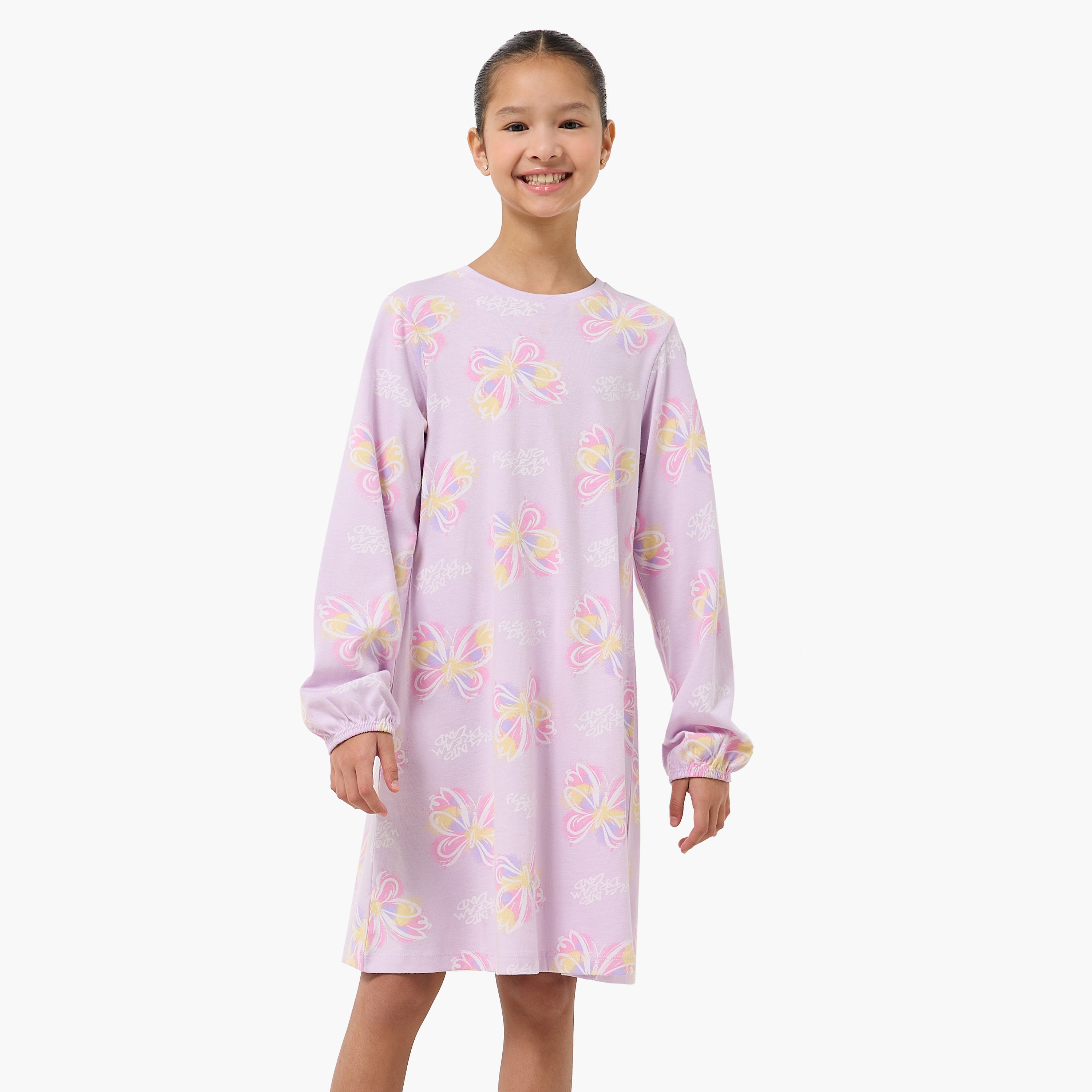 Pack of 2 Juniors Cotton Round Neck Long Sleeves Night Dress with Butterfly Print-girls-clothing-nightwear-image-3