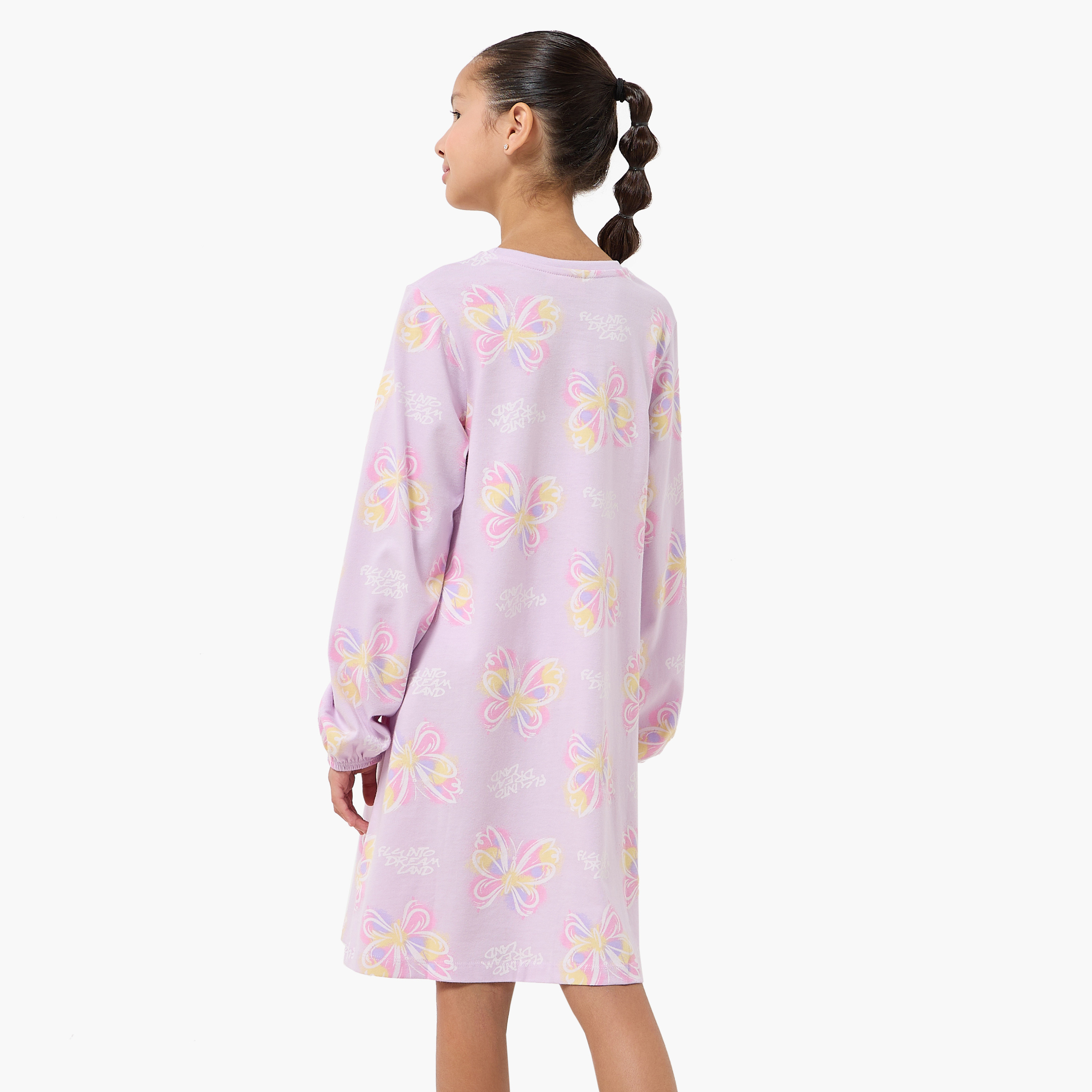 Pack of 2 Juniors Cotton Round Neck Long Sleeves Night Dress with Butterfly Print-girls-clothing-nightwear-image-4