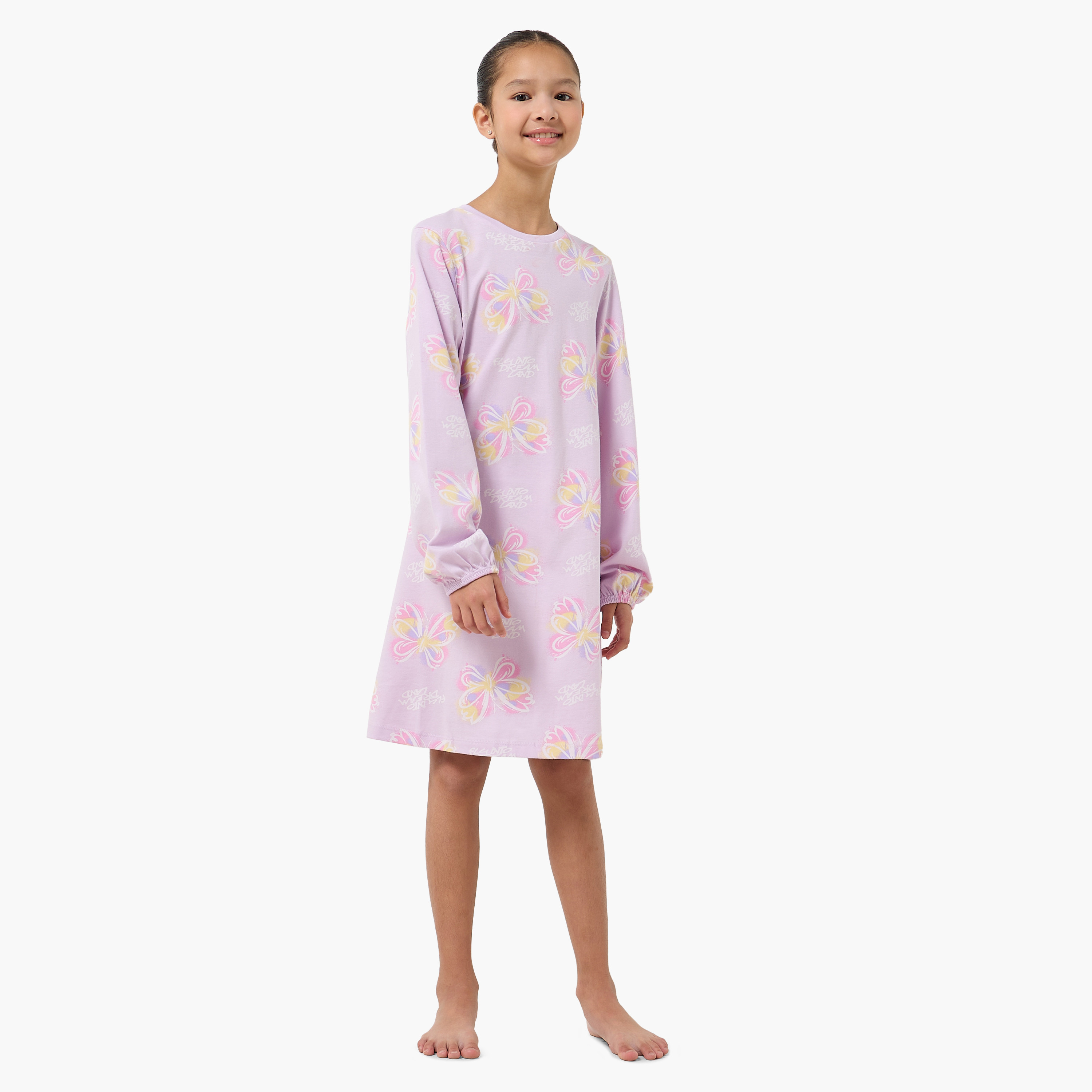 Pack of 2 Juniors Cotton Round Neck Long Sleeves Night Dress with Butterfly Print-girls-clothing-nightwear-image-7