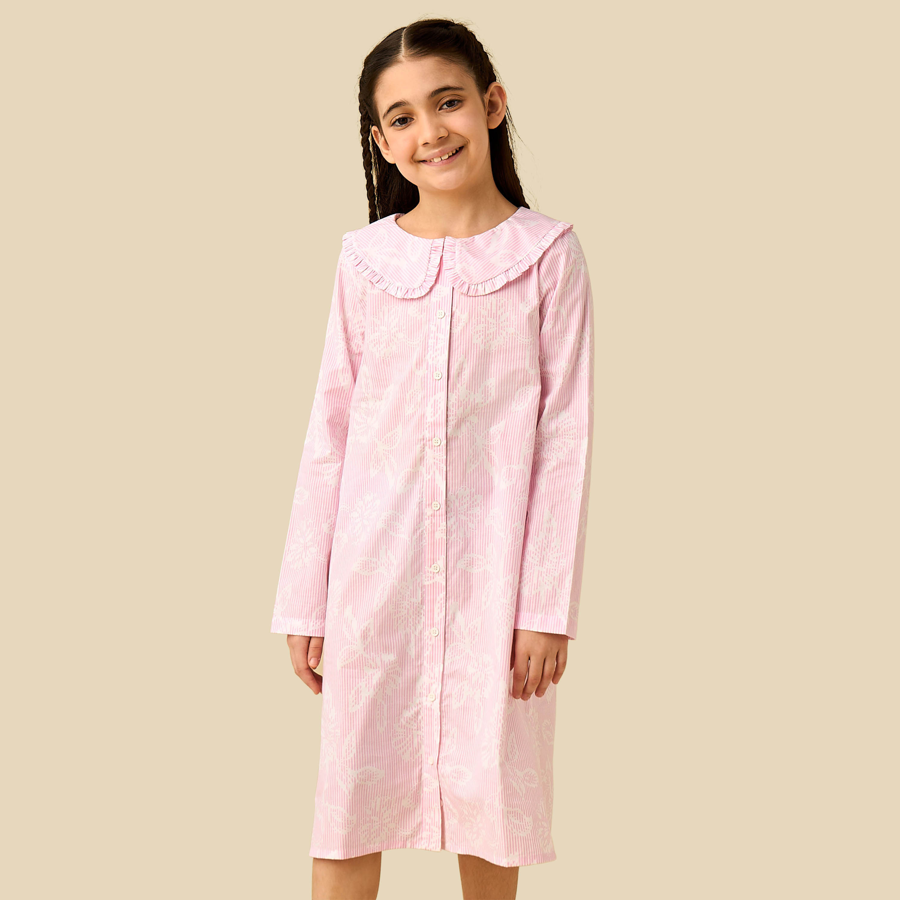 Juniors Cotton Sailor Collar Long Sleeve Night Dress with Button Closure-girls-clothing-nightwear-image-1
