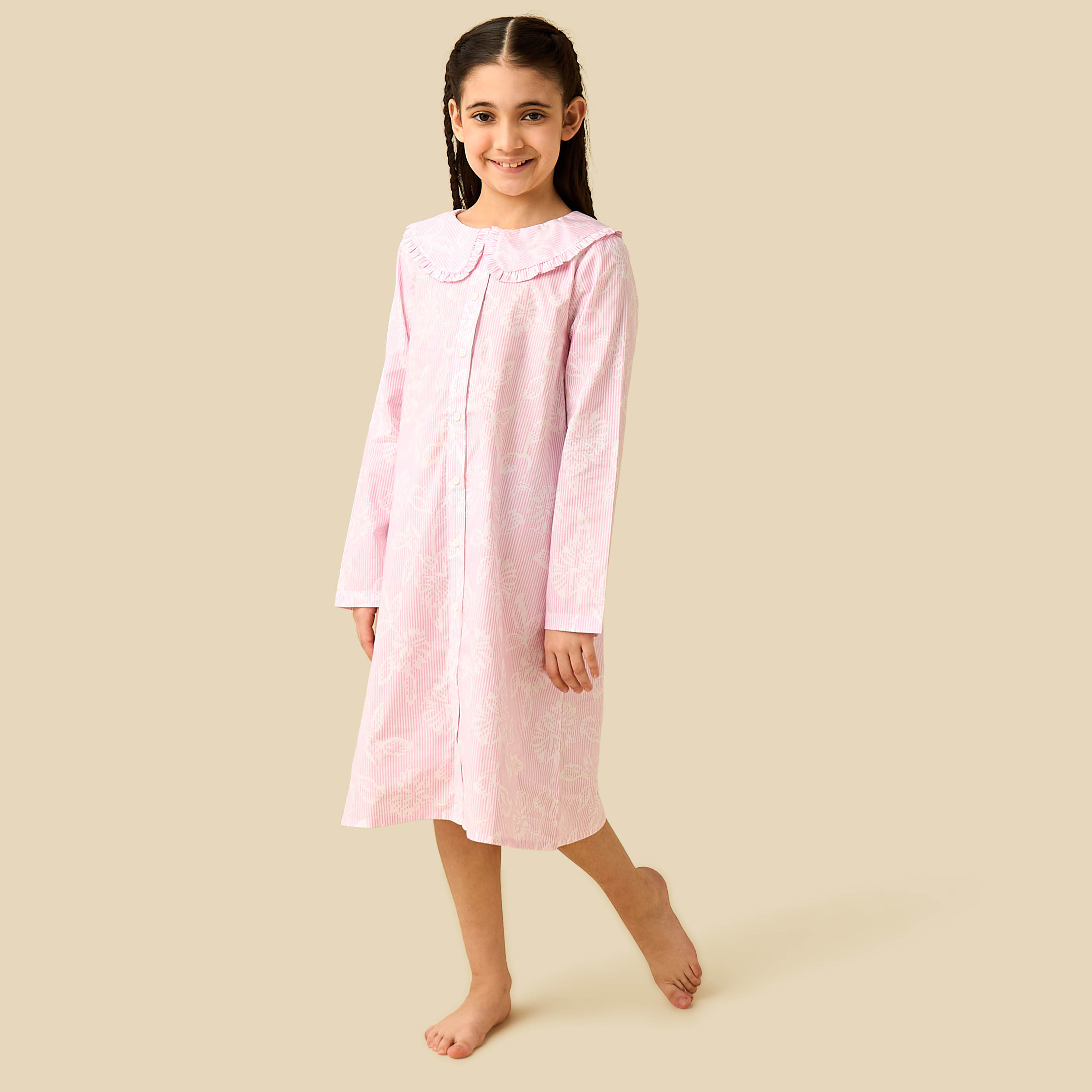 Juniors Cotton Sailor Collar Long Sleeve Night Dress with Button Closure-girls-clothing-nightwear-image-2