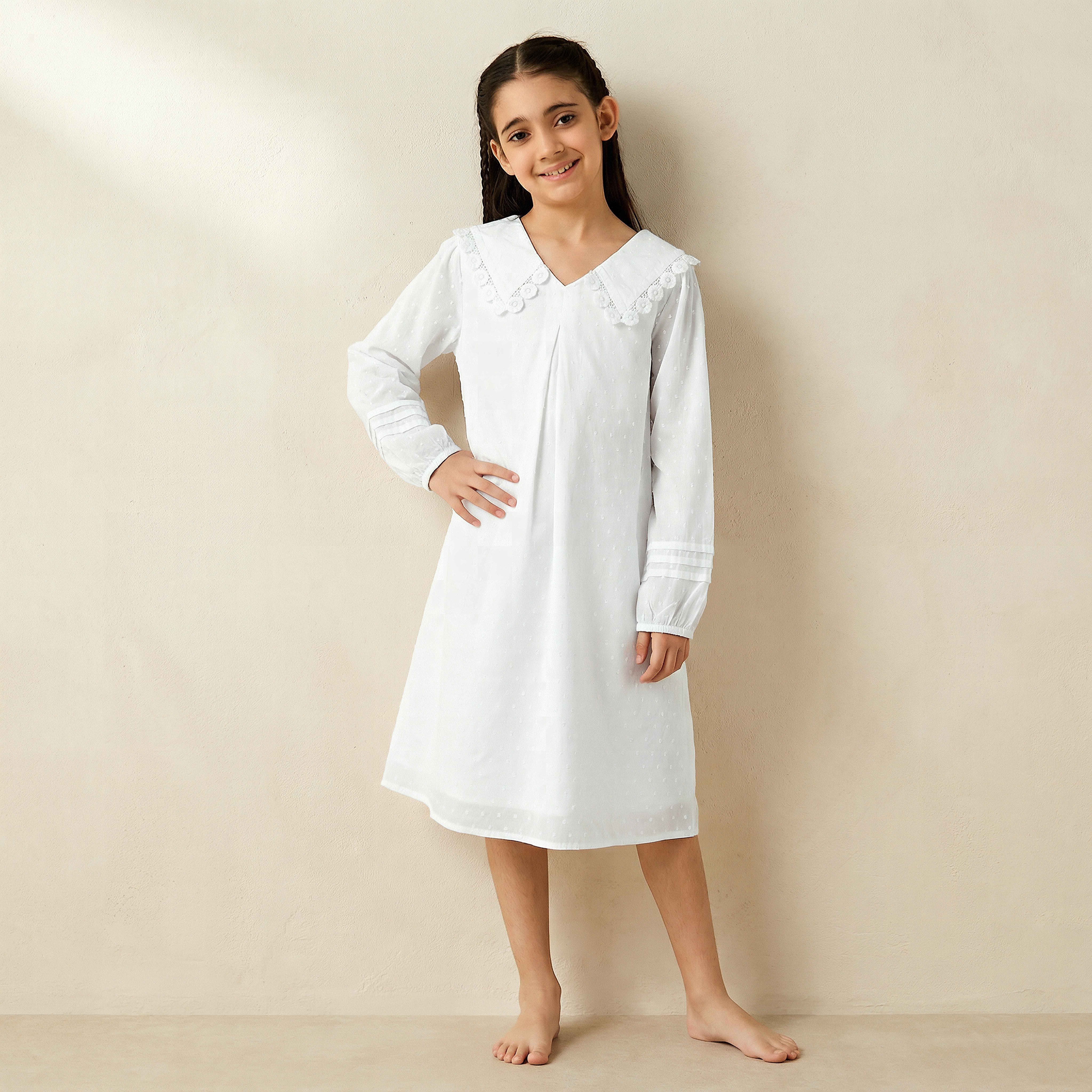 Juniors Cotton Sailor Collar Long Sleeves Night Dress with Lace Detail-girls-clothing-nightwear-image-1