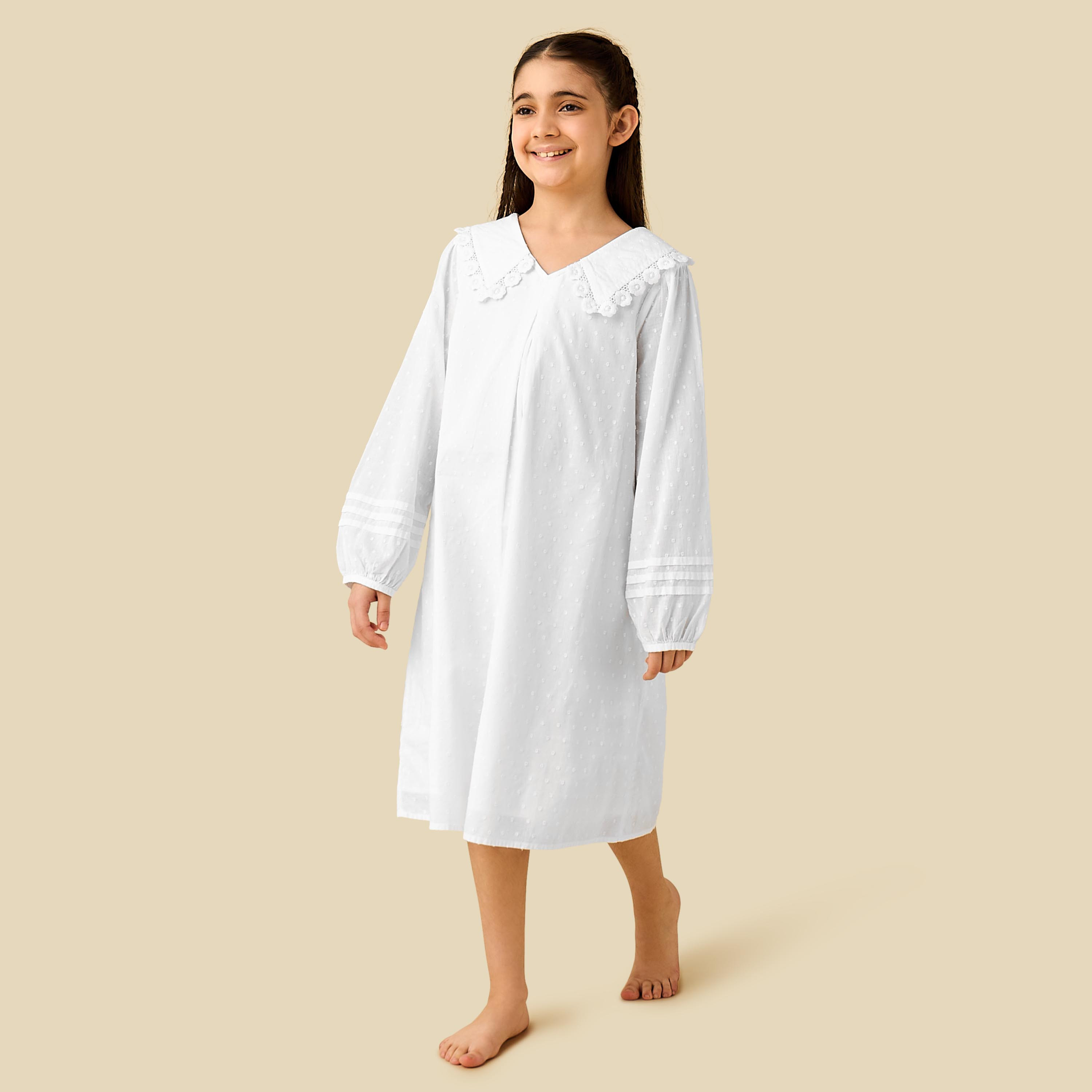 Juniors Cotton Sailor Collar Long Sleeves Night Dress with Lace Detail-girls-clothing-nightwear-image-2