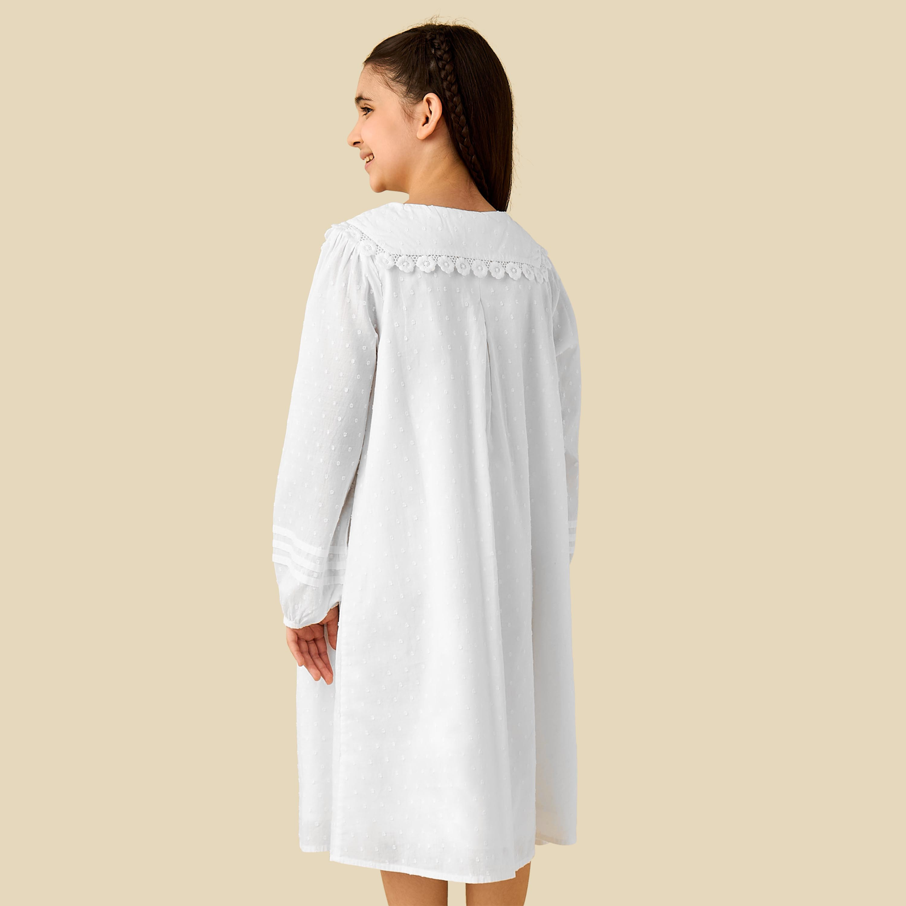Juniors Cotton Sailor Collar Long Sleeves Night Dress with Lace Detail-girls-clothing-nightwear-image-3